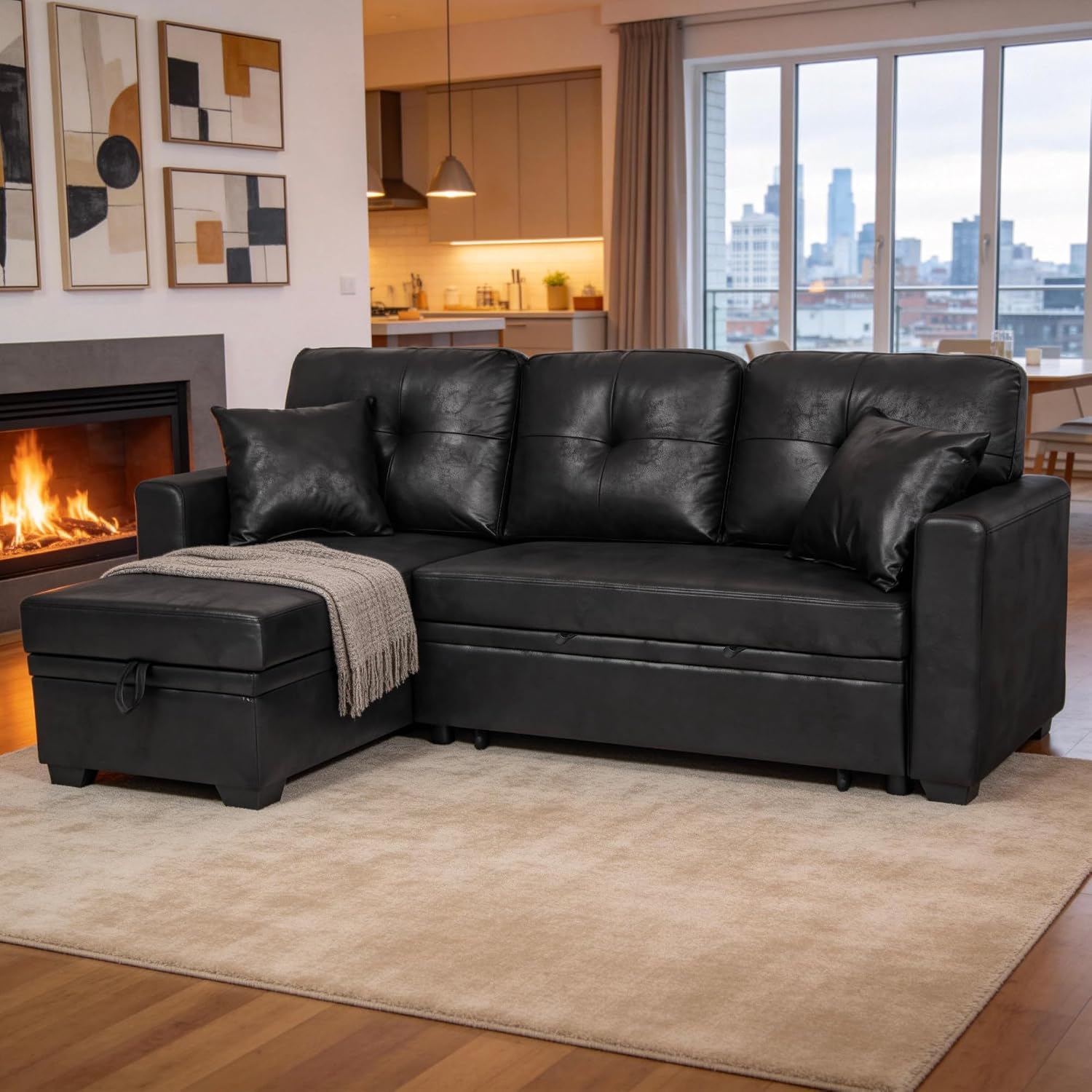 L Shaped Sectional Couch with Storage and Pull Out Bed, 3 Seater Sleeper Sofas Convertible Couches with Reversible Chaise for Living Room, Space Saving Small Sofa Bed for Small Spaces