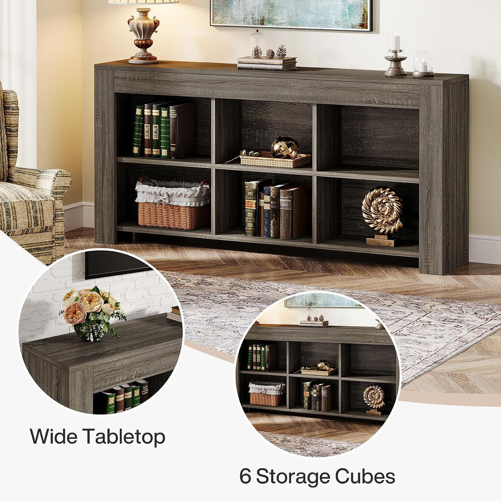 Tribesigns 63-Inch Long Sofa Console Table, Rustic Wood Entryway Table with 6 Storage Cubes for Living Room, Hallway, Behind Couch (Grey)