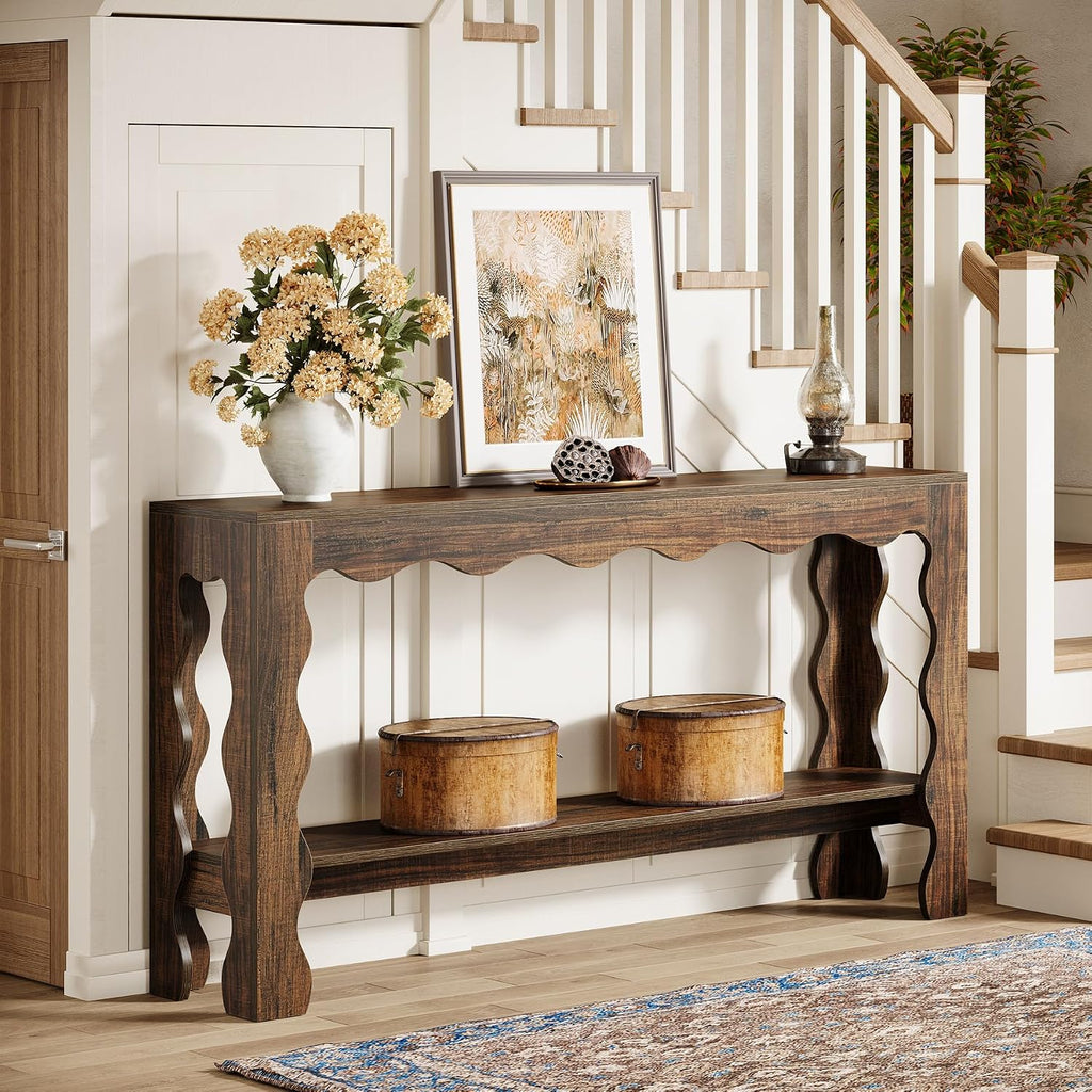 Tribesigns 63 Inch Entryway Table, Modern Rustic Entry Table with Scalloped Edge & Storage Shelf, Accent Narrow Long Sofa Table Behind Couch Console Tables for Entryway, Living Room, Dark Brown