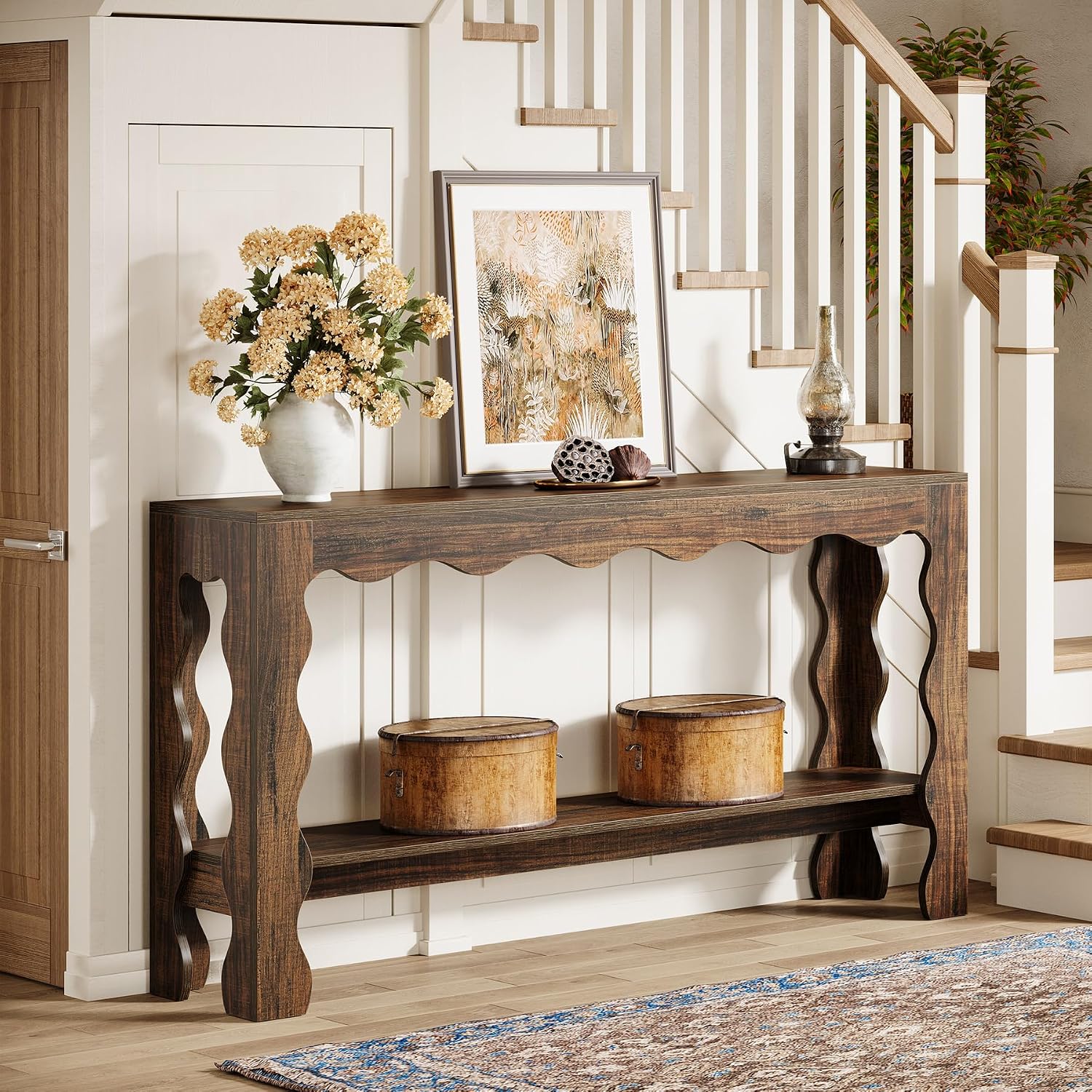 Tribesigns 63 Inch Entryway Table, Modern Rustic Entry Table with Scalloped Edge & Storage Shelf, Accent Narrow Long Sofa Table Behind Couch Console Tables for Entryway, Living Room, Dark Brown