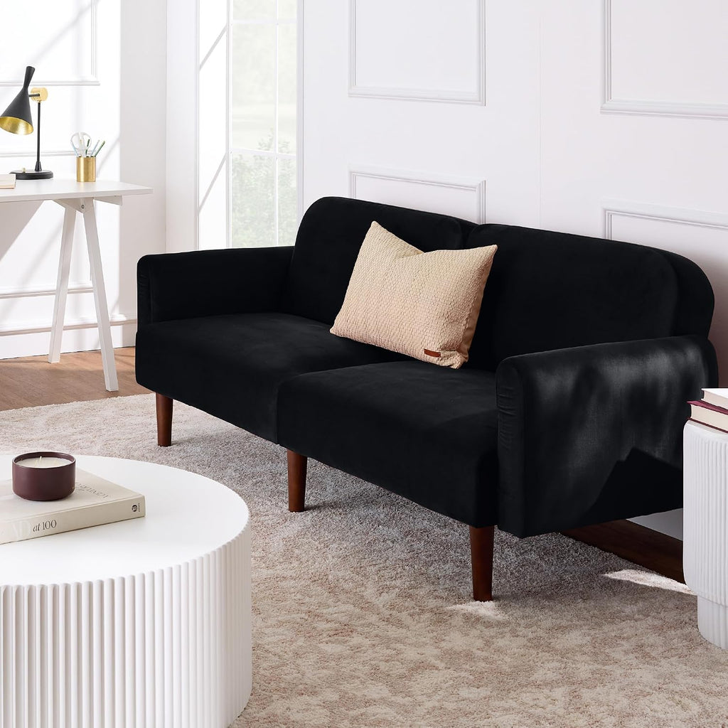 Best Choice Products 77' Mid Century Modern Velvet Loveseat Sofa, Couch, Convertible Sofa Sleeper Bed w/Real Wood, Removable Armrest - Onyx Black