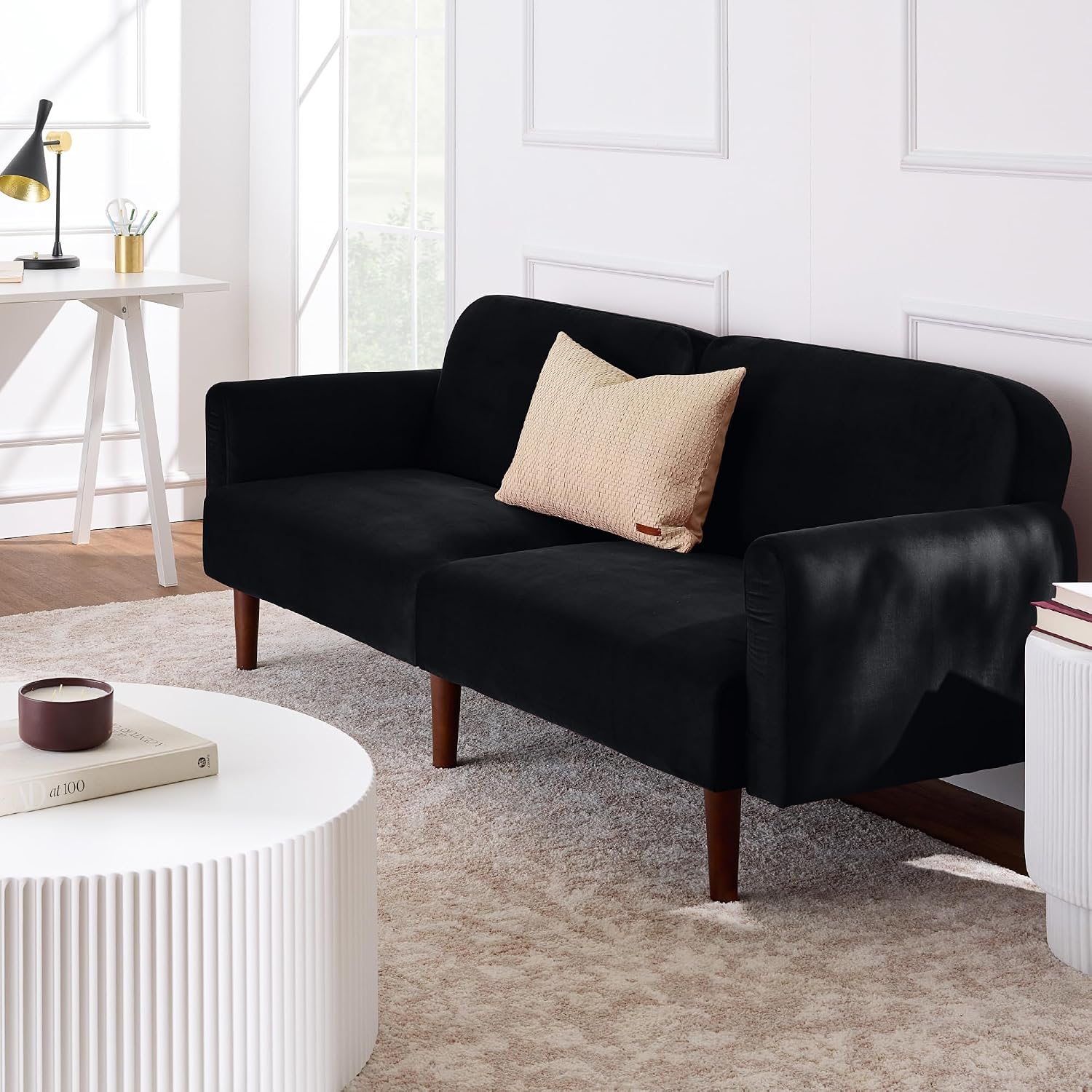Best Choice Products 77' Mid Century Modern Velvet Loveseat Sofa, Couch, Convertible Sofa Sleeper Bed w/Real Wood, Removable Armrest - Onyx Black