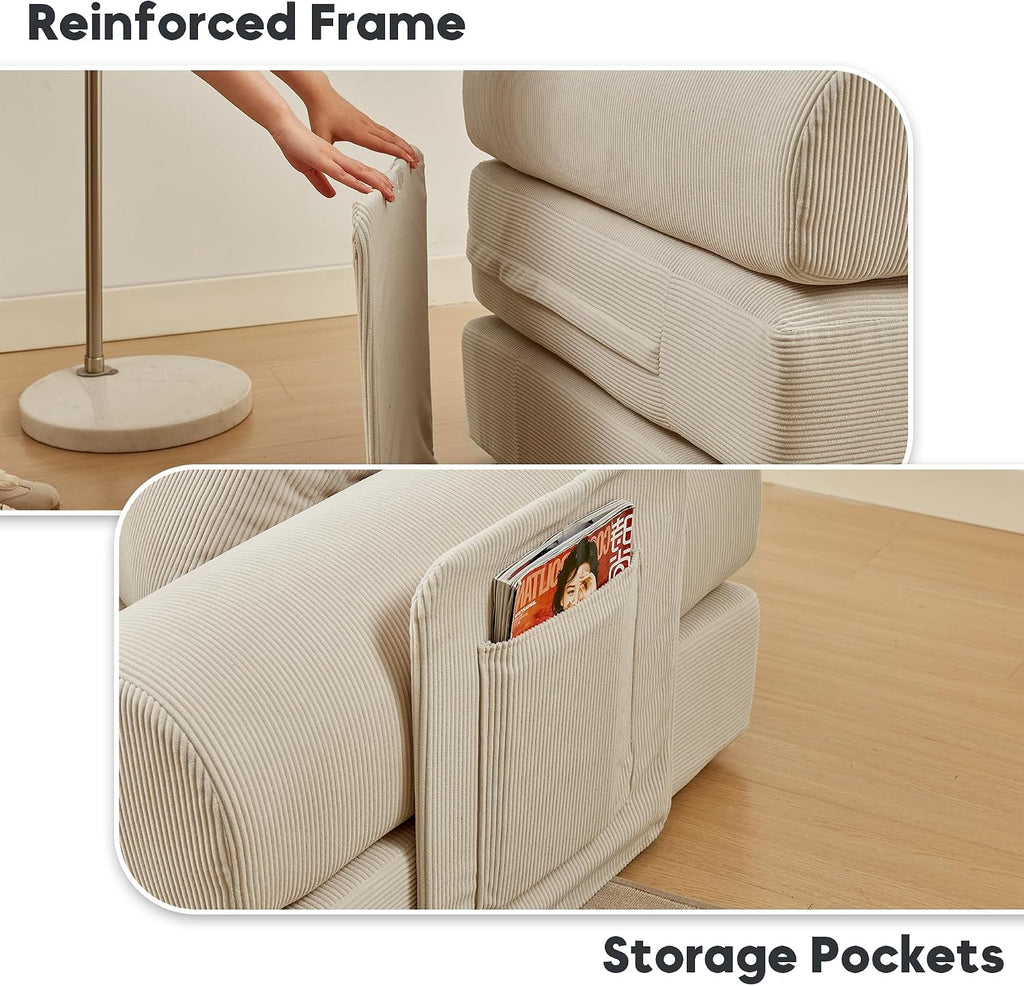 L Shaped Modular Sofa Bed with Cylindrical Pillow & Reversible Chaise, Corduroy Folding Floor Convertible Sofa Couch Bed with Fixed-Shape Frame & Storage Pocket for Living Room, Beige