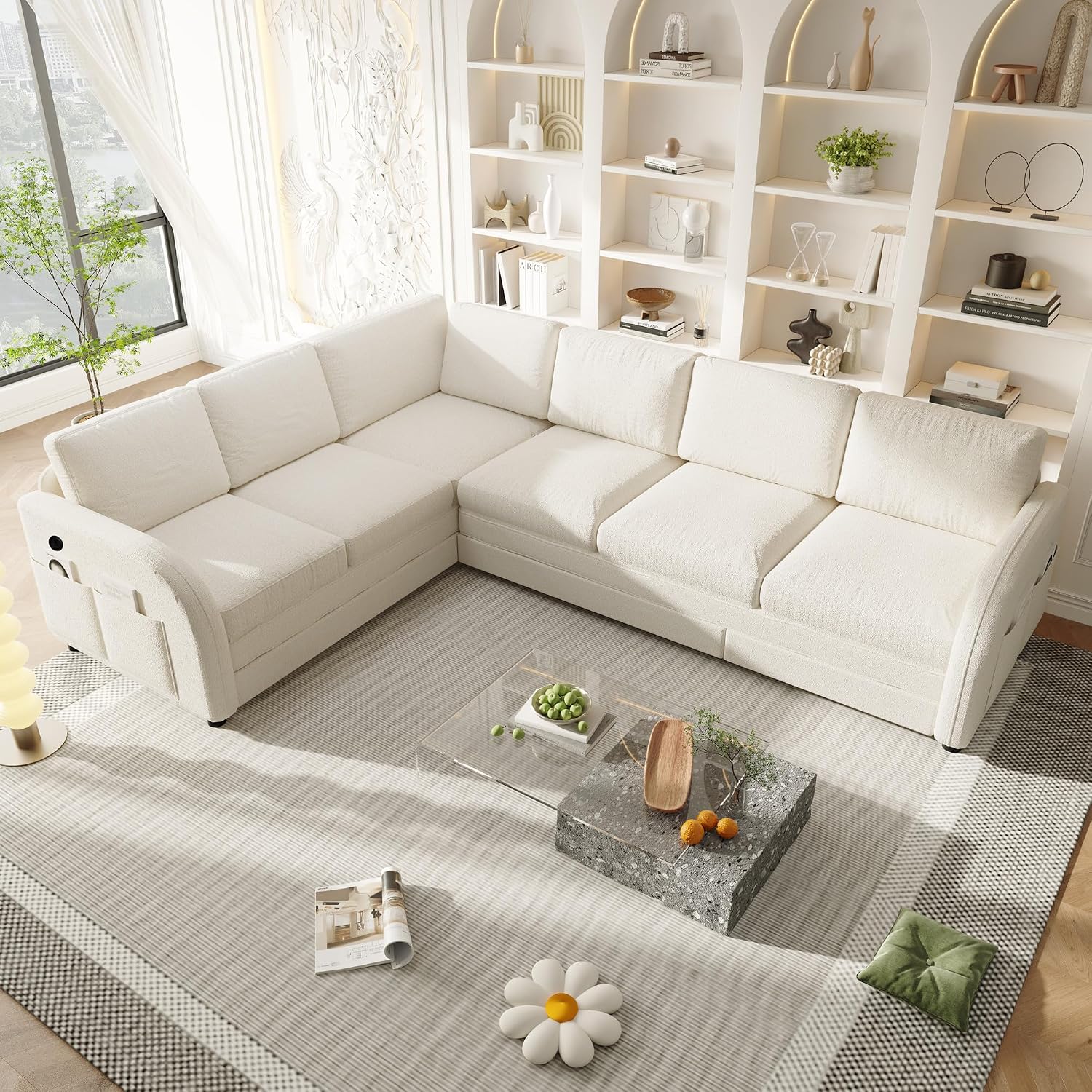 ITVZ King Size Sleeper Sofas Convertible Couches, White L Shaped Sectional Couch with Pull Out Bed, Oversized 6-Seat Sectional Sofa with Convert Left/Right Facing and USB Port for Living Room