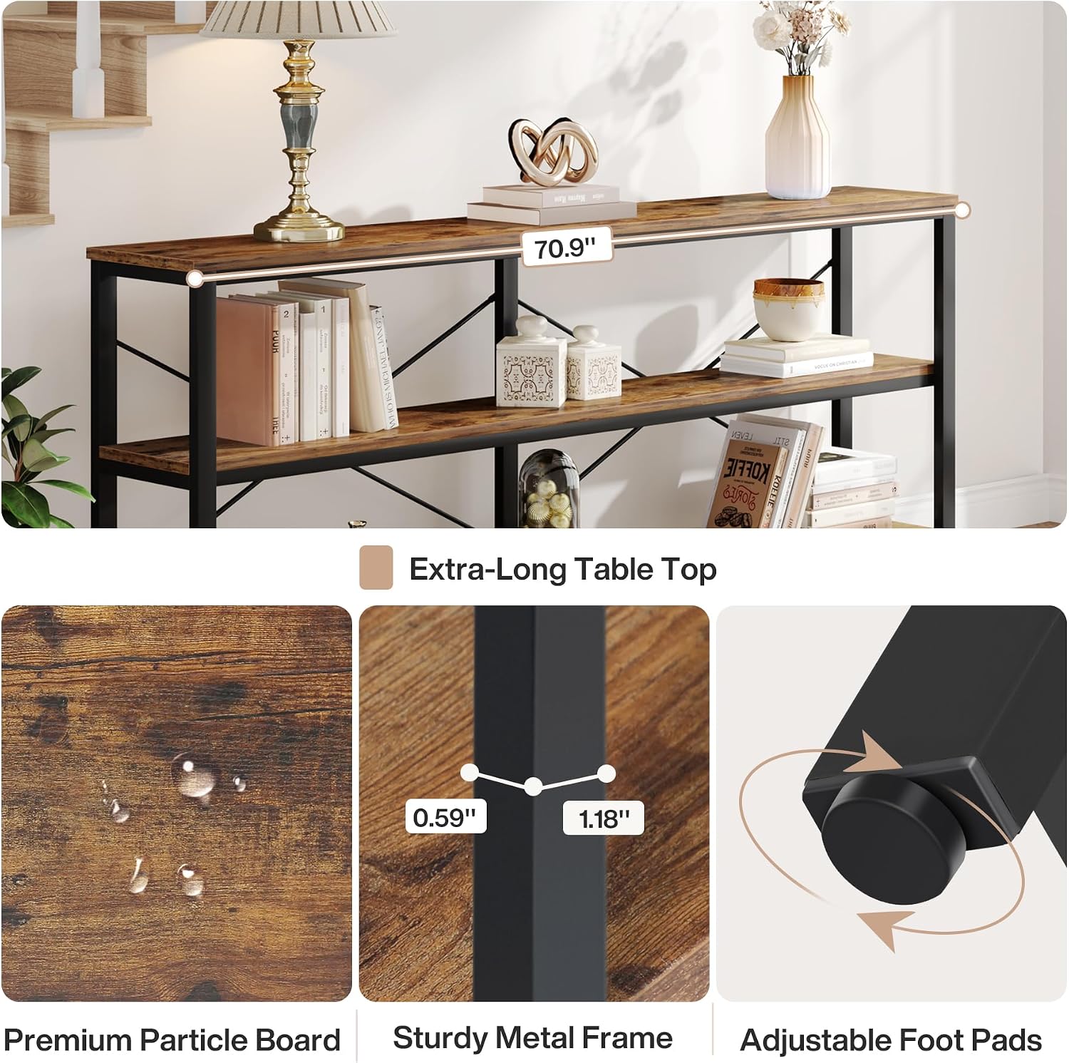 Tribesigns 70.9-Inch Extra Long Console Table, 3-Tier Industrial Sofa Table with Metal Frame, Modern Behind Couch Table with Storage Shelves for Living Room Entryway Hallway Foyer (Brown and Black)