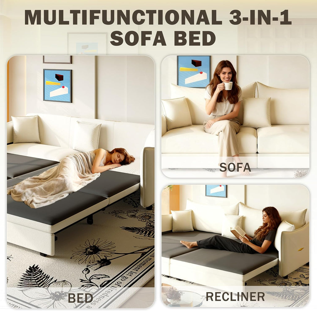81.9' Sleeper Sofa Bed King Size, 3-in-1 Convertible Couch, Modern Pull Out Couches, Comfy Velvet Futon Sofa, Cloud Loveseat Lounge, 3 Pillows, for Small Spaces, Living Room, Gold Beige