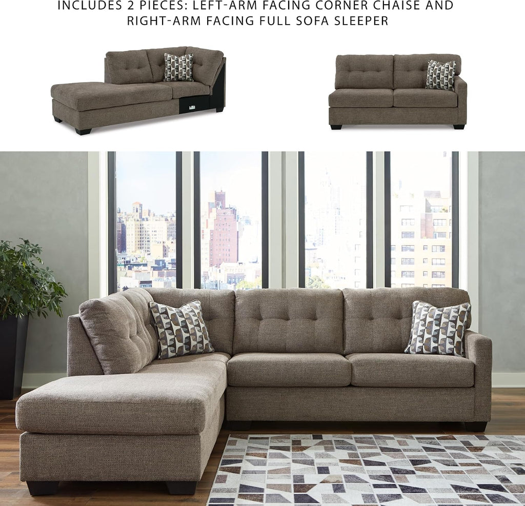 Signature Design by Ashley Mahoney Casual L-Shaped Tufted 2-Piece Sleeper Sectional with Chaise, Bi-Fold Memory Foam Mattress, Loose Seat Cushions and 2 Accent Pillows, Full, Dark Brown
