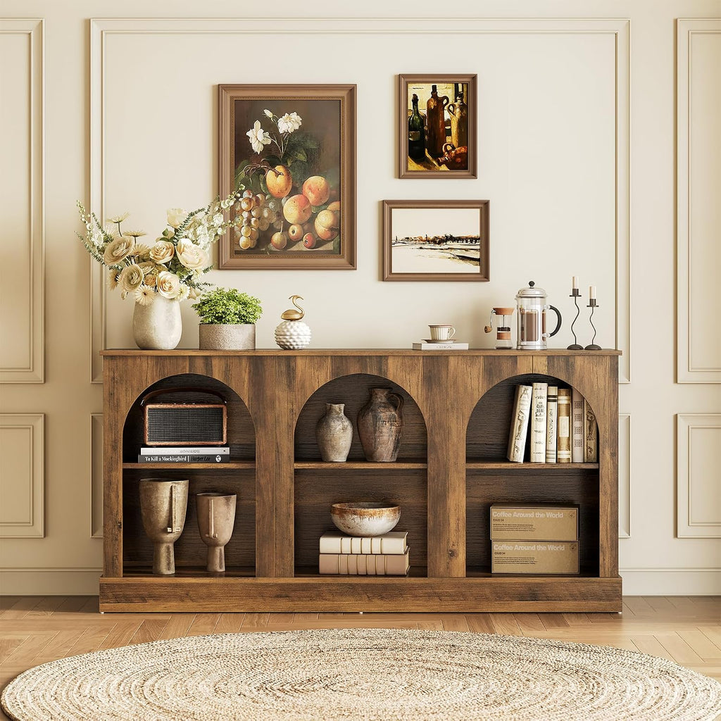 LITTLE TREE 63' Modern Console Sofa Table with 3-Tier Storage, Wooden Rectangular Foyer Table, for Entrance, Hallway, Living Room, Rustic Brown