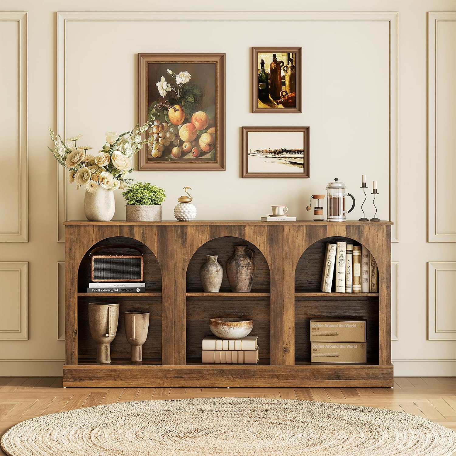 LITTLE TREE 63' Modern Console Sofa Table with 3-Tier Storage, Wooden Rectangular Foyer Table, for Entrance, Hallway, Living Room, Rustic Brown