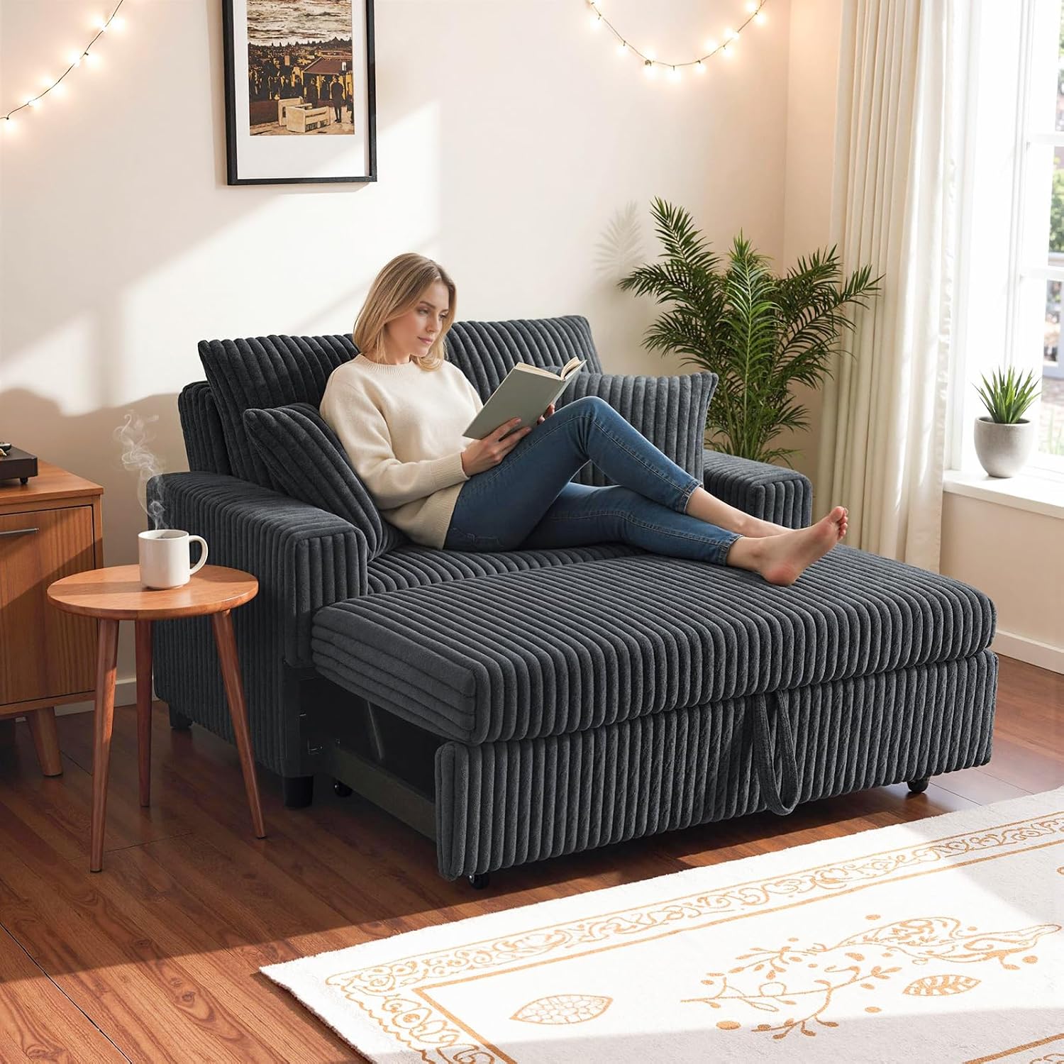 3 in 1 Convertible Sofa Bed，52.8' Pull Out Couch with Side Pockets，Modern Corduroy Fabric Loveseat Sleeper Sofa with Adjustable Backrest for Living Room Bedroom Apartment (Gray Corduroy)