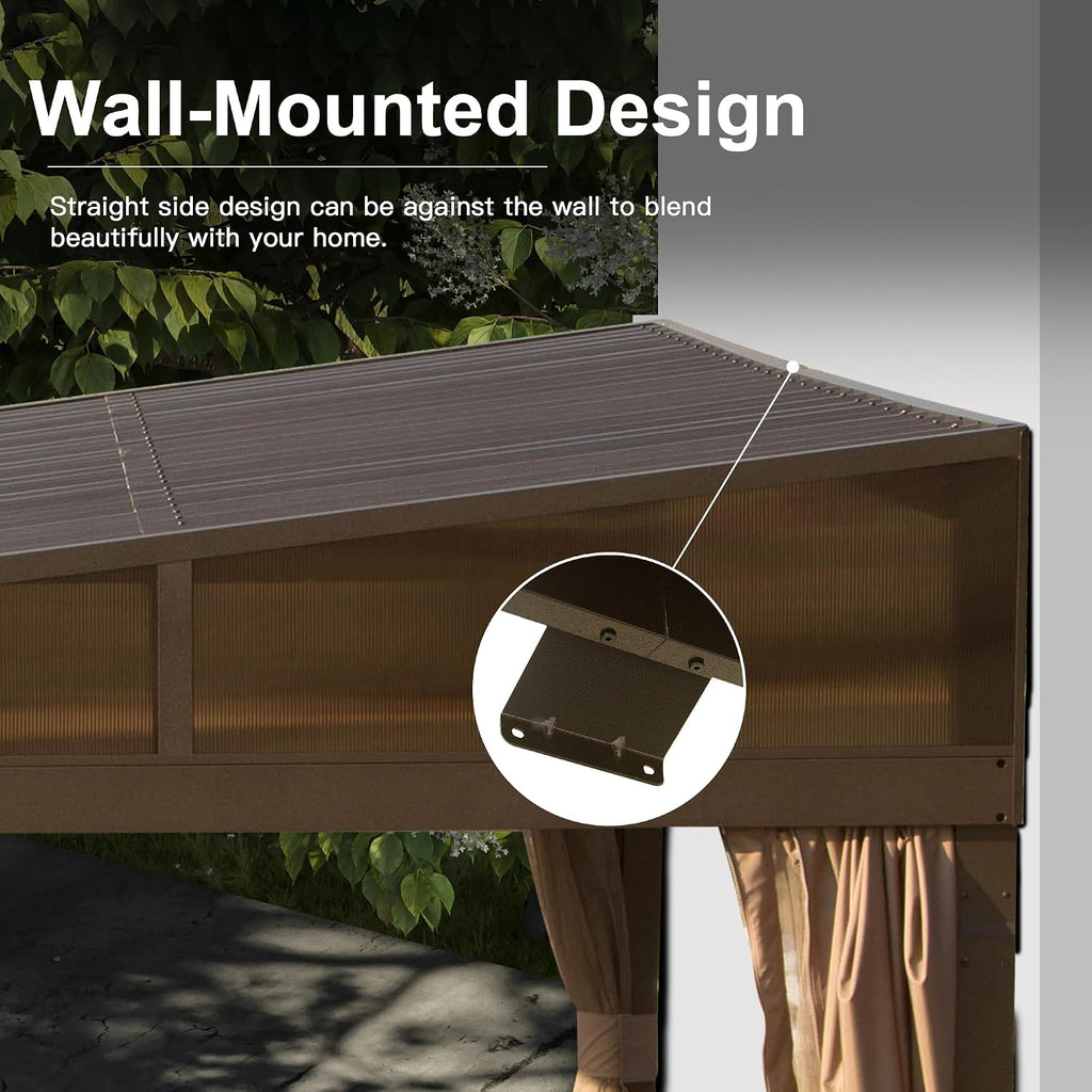 Domi 8x12FT Lean to Gazebo, Hardtop Wall Mounted Gazebo with Sloping Galvanized Steel Roof, Aluminum Frame, Drainage System, Curtains and Netting, for Patio, Deck, Garden, Backyard