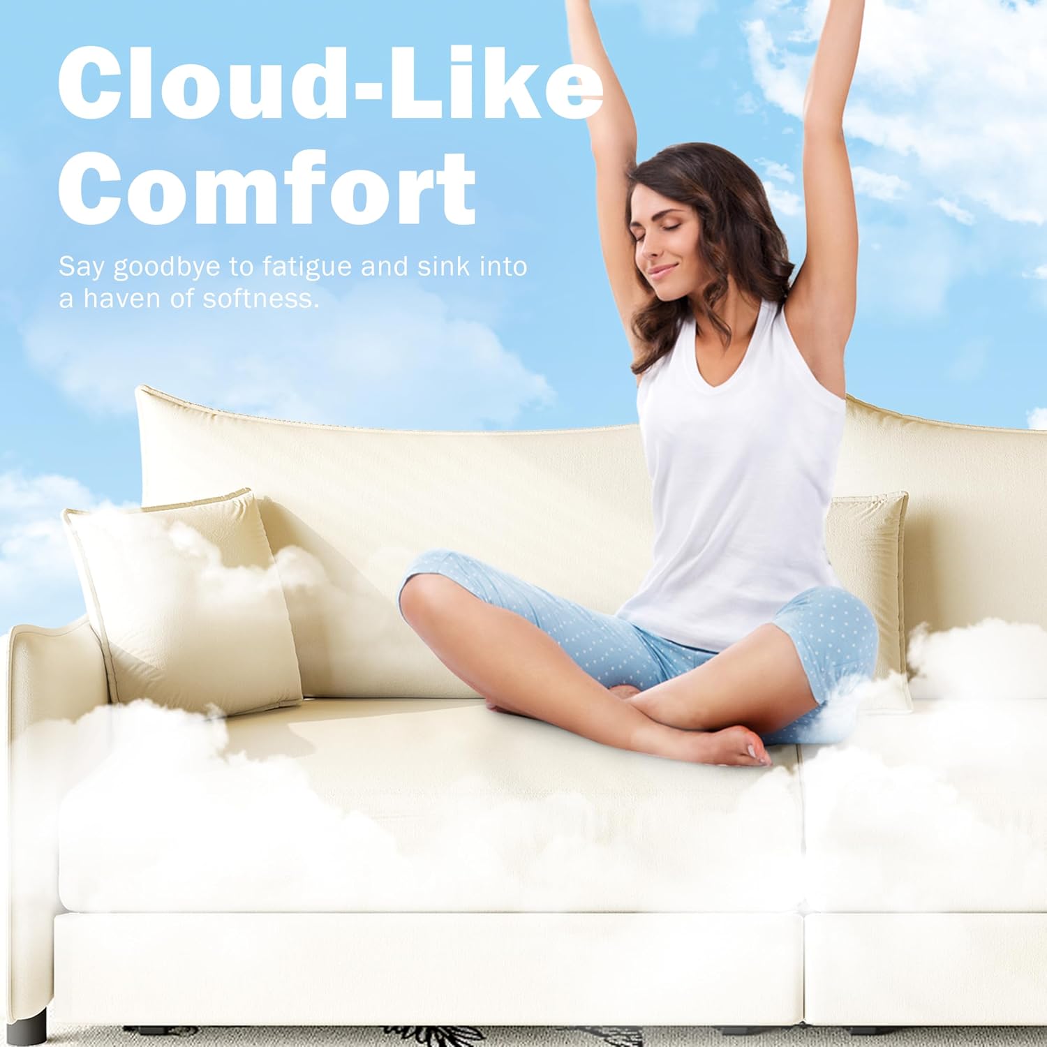 81.9' Sleeper Sofa Bed King Size, 3-in-1 Convertible Couch, Modern Pull Out Couches, Comfy Velvet Futon Sofa, Cloud Loveseat Lounge, 3 Pillows, for Small Spaces, Living Room, Gold Beige