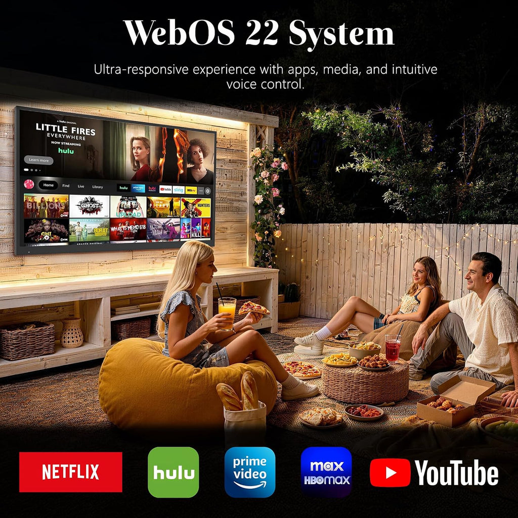 65 Inch Outdoor TV, 2000Nit 4K UHD, IP55 Waterproof & Dustproof Smart TV, Dolby Atmos Audio, WebOS 22 System with Voice Control, for Backyard, Poolside, Restaurant & Commercial Display