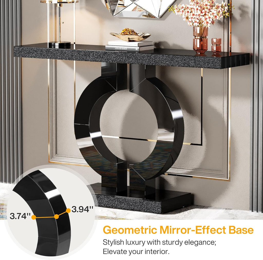 Tribesigns Modern Mirrored Console Table, Glass Sofa Table with Mirror Finish, 43-Inch Entryway Table with O-Shaped Base, Rectangular Accent Foyer Table for Living Room Hallway Entrance (Black)