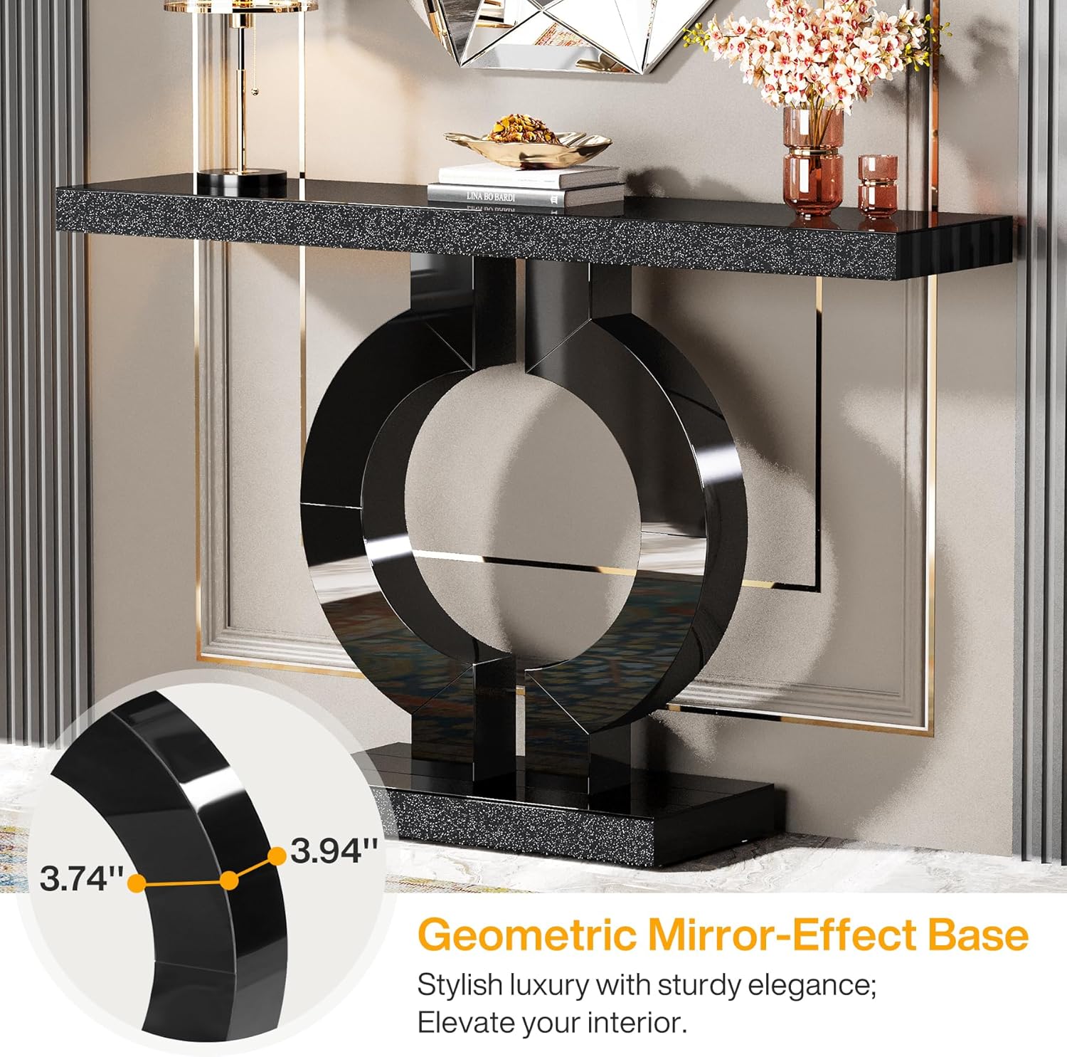 Tribesigns Modern Mirrored Console Table, Glass Sofa Table with Mirror Finish, 43-Inch Entryway Table with O-Shaped Base, Rectangular Accent Foyer Table for Living Room Hallway Entrance (Black)