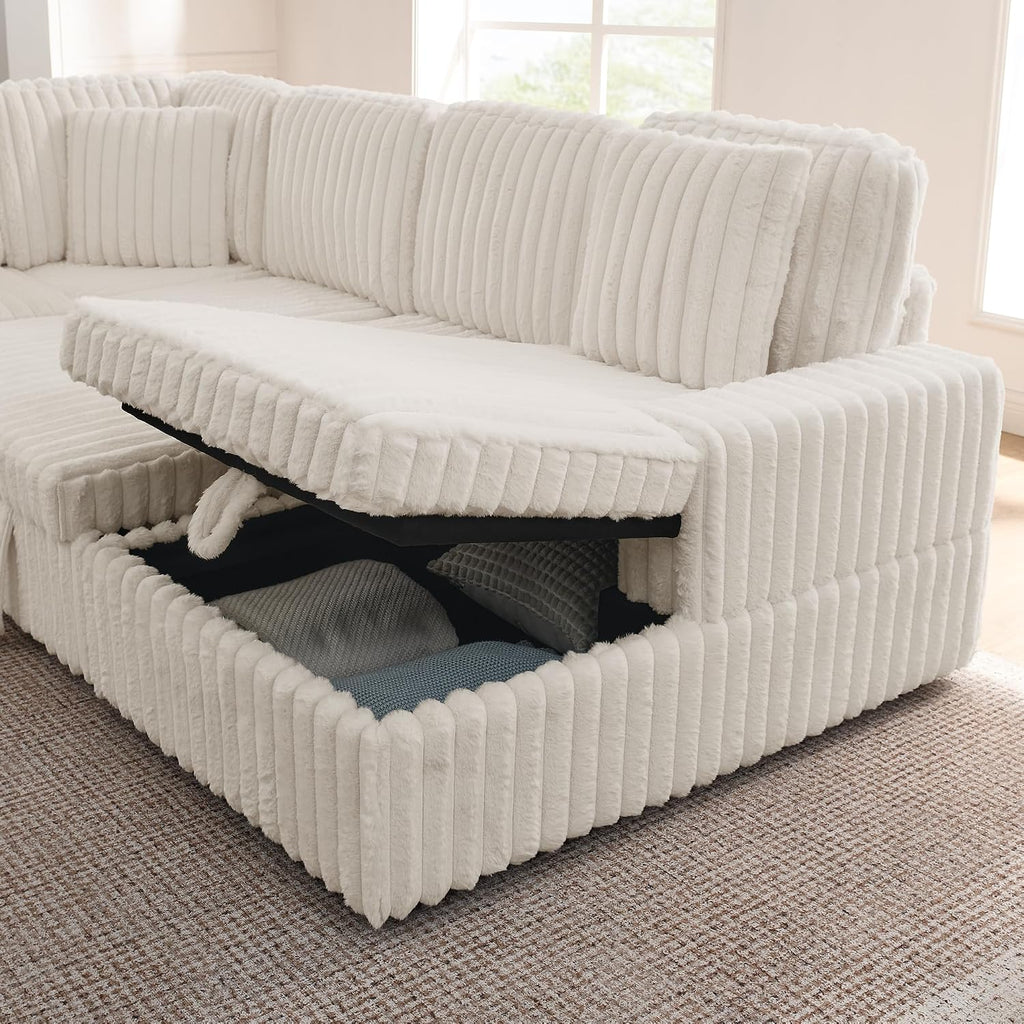 THSUPER 114-Inch Oversized U Shaped Plush Corduroy Fluffy Sectional Sleeper Sofa with Pull Out Bed and Storage Chaise Lounge - Beige