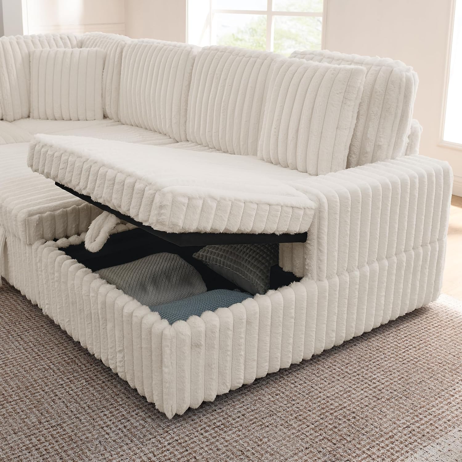 THSUPER 114-Inch Oversized U Shaped Plush Corduroy Fluffy Sectional Sleeper Sofa with Pull Out Bed and Storage Chaise Lounge - Beige