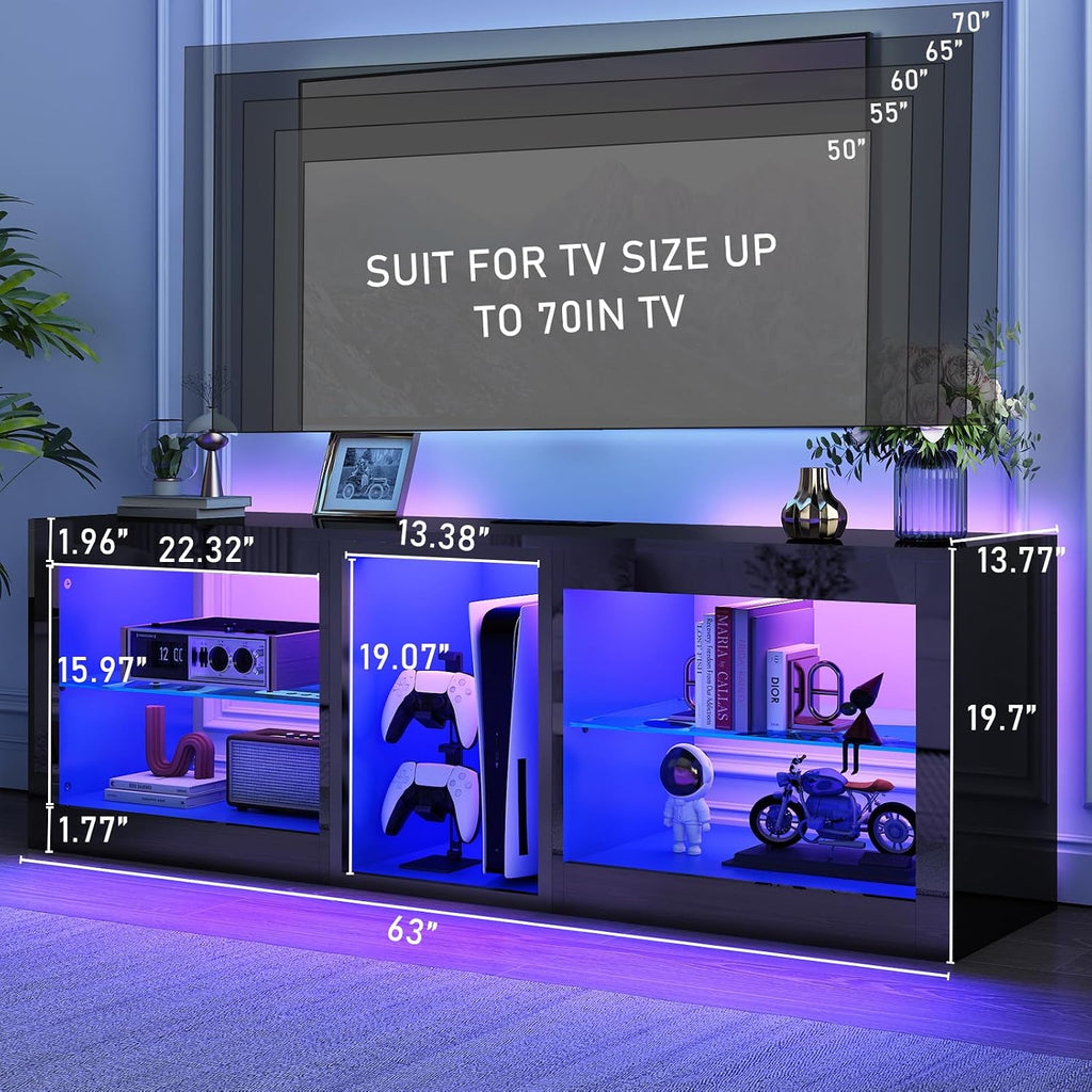 chartustriable LED TV Stands W/Power Outlet for 65 70Inch TV,63' Modern Entertainment Center W/7000-Colors Light for P S 5,High Gloss TV Console w/Adjustable Shelves for Living Room Gameroom(Black)