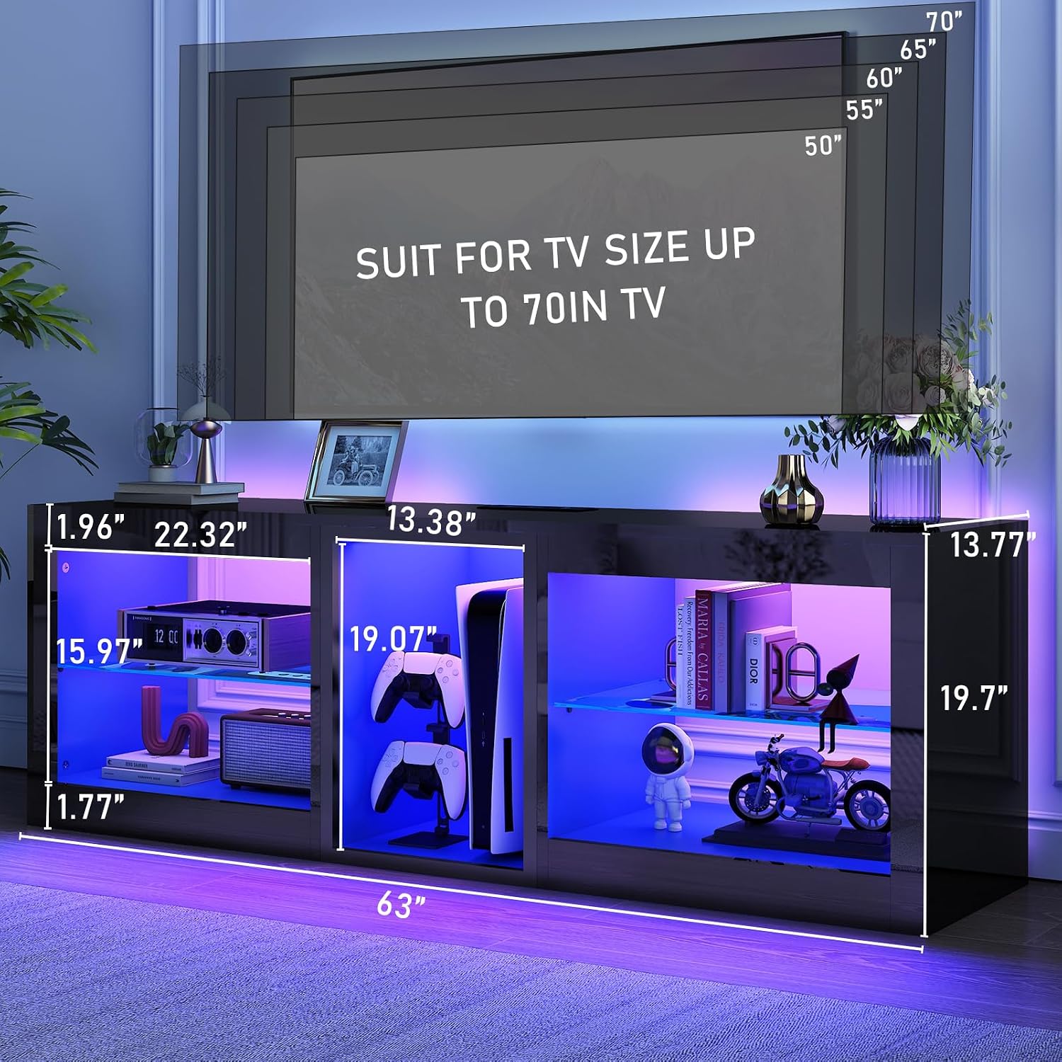 chartustriable LED TV Stands W/Power Outlet for 65 70Inch TV,63' Modern Entertainment Center W/7000-Colors Light for P S 5,High Gloss TV Console w/Adjustable Shelves for Living Room Gameroom(Black)