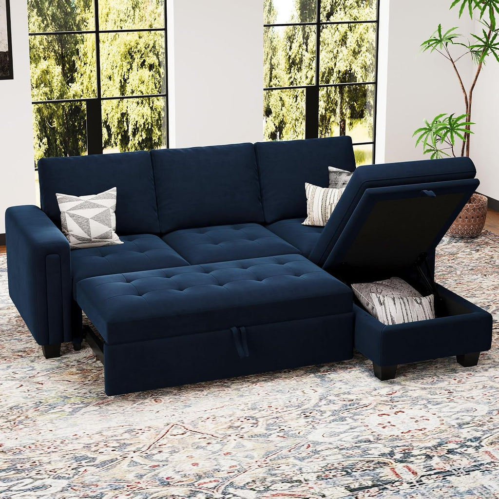 Belffin Sectional Sleeper Sofa with Pull Out Couch Bed Modular Sectional Sofa with Storage Velvet L Shaped Couch Sleeper Bed Blue