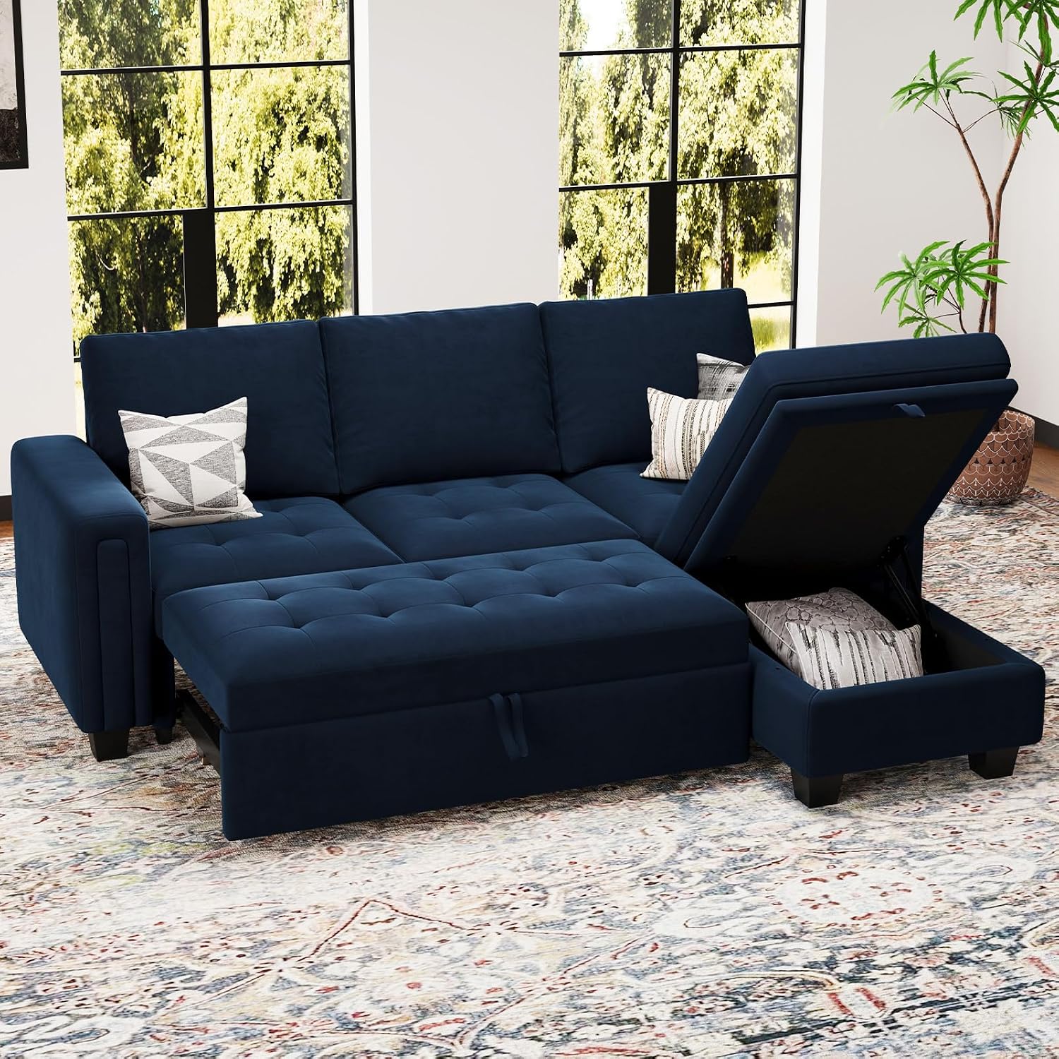 Belffin Sectional Sleeper Sofa with Pull Out Couch Bed Modular Sectional Sofa with Storage Velvet L Shaped Couch Sleeper Bed Blue