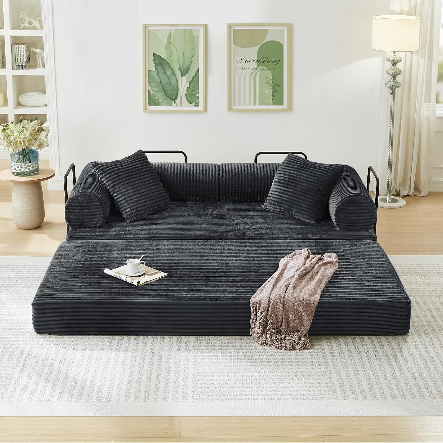 Antetek Modular Couch Bed, Convertible Folding Plush Corduroy Comfy Floor Compression Loveseat Sleeper Sofa Couch, King Size Bed for Guest Room Living Room Bedroom, No Assembly Required, Dark Grey
