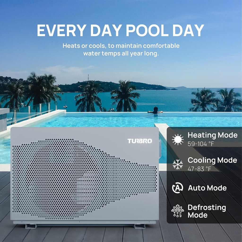 TURBRO 95,563 BTU Inverter Swimming Pool Heat Pump, Up to 26,000 Gallons, WiFi Control Electric Pool Heater for Inground Pools, Up to 15.8 COP, 220-240V, for Light Commercial Use, Beluga B100V