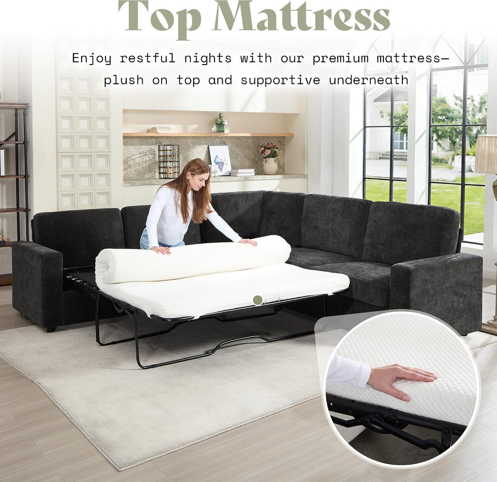 AMERLIFE 106' Oversized Sofa Bed, Sectional Sleeper Sofa with Pull Out Bed, 3 in 1 Convertible Sofa Bed, L Shaped Couch with Storage, High Resilience Mattress, Chenille Grey