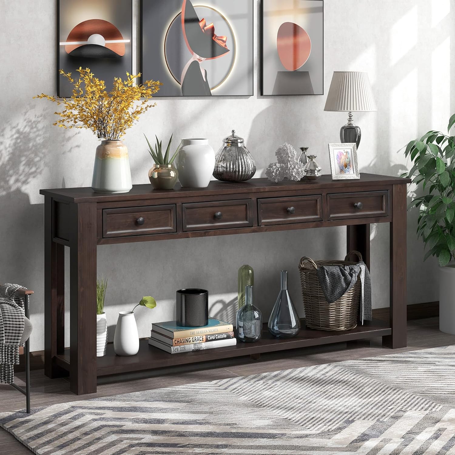Merax Console Table, 63' Long Extra-Thick Entryway Table Sofa Table with 4 Drawers and Open Shelf for Entryway, Hallway, Living Room (Espresso)