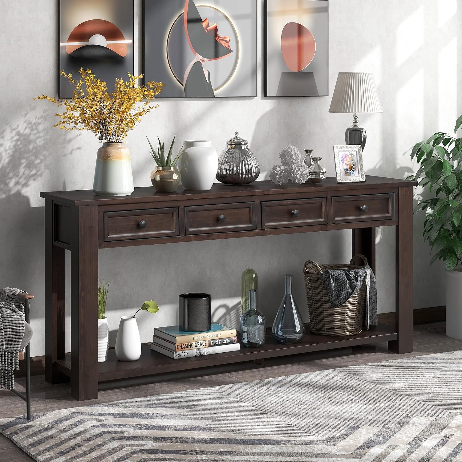 LKTART 63' Solid Wood Console Table Sofa Table with Storage Drawers and Bottom Shelf,Farmhouse Entryway Table for Hallway Foyer,Sofa Couch Table,Easy Assembled (63' Espresso)