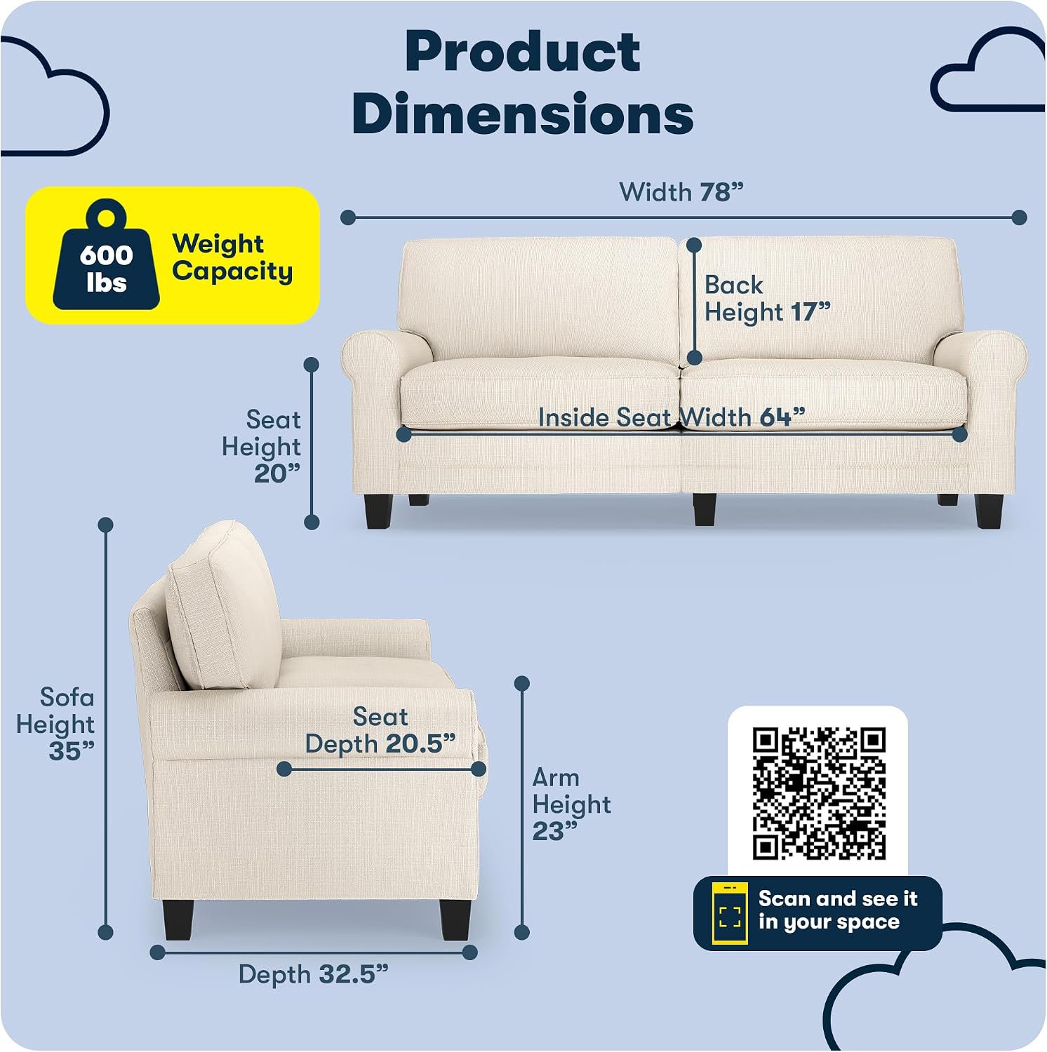Serta Copenhagen 78' Rolled Arm Sofa, Easy Care Polyester, Soft Pillow Back, Pocket Coil Seat Cushions, Removable Covers, Loveseat or Couch for Small Spaces, Living Rooms or Bedrooms, Buckwheat Beige
