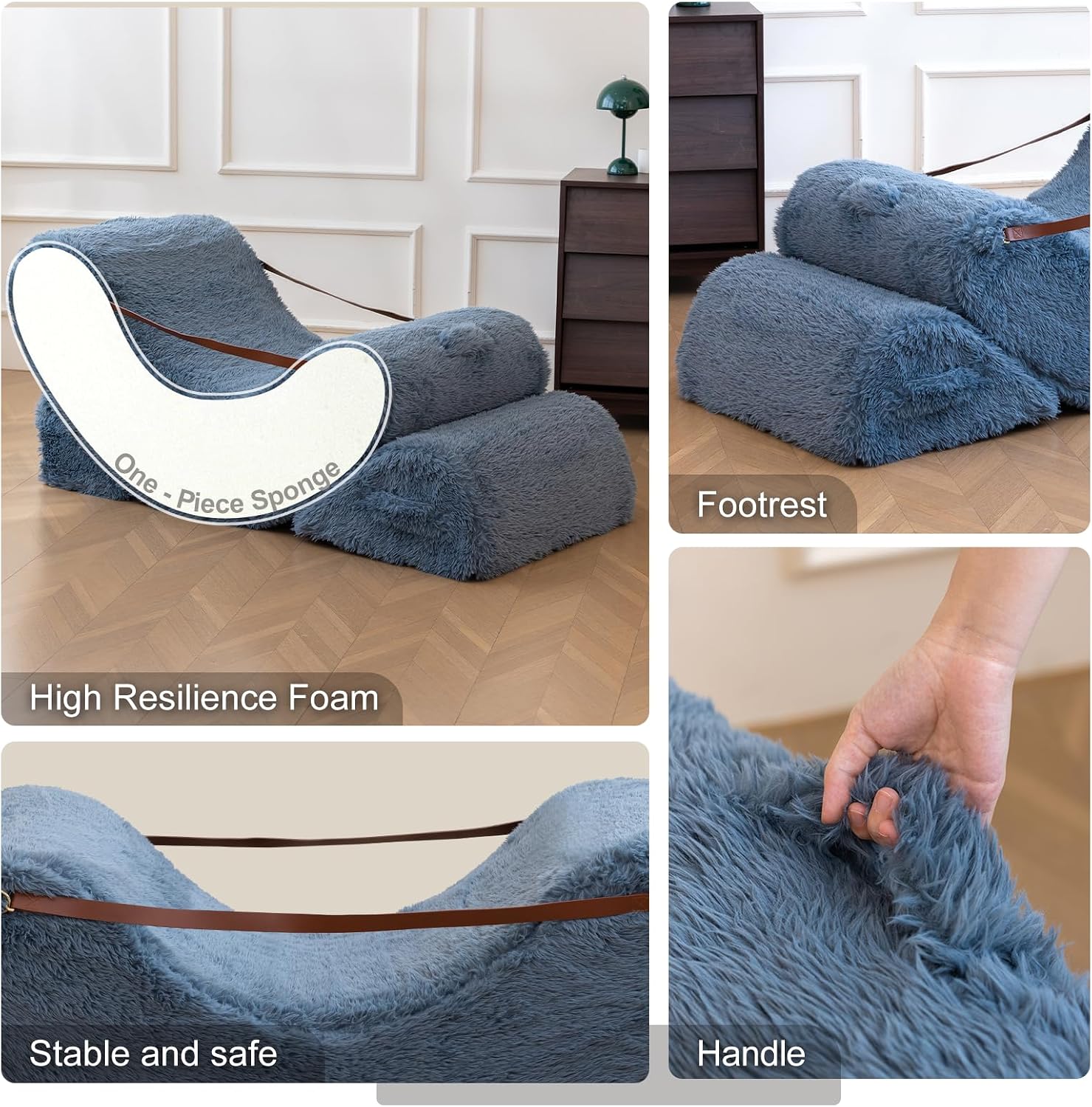 3-in-1 Adjustable Zero Gravity Floor Chair, Oversized Faux Fur Boneless Chair for Adults with Memory Foam & Washable Cover, Silent Rocker Recliner Lounge Chair for Reading, Nursing, Gaming, Bluegray