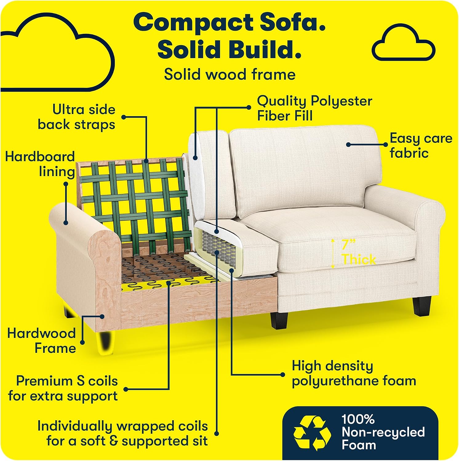 Serta Copenhagen 73' Rolled Arm Sofa, Easy Care Polyester, Soft Pillow Back, Pocket Coil Seat Cushions, Removable Covers, Loveseat or Couch for Small Spaces, Living Rooms or Bedrooms, Buckwheat Beige