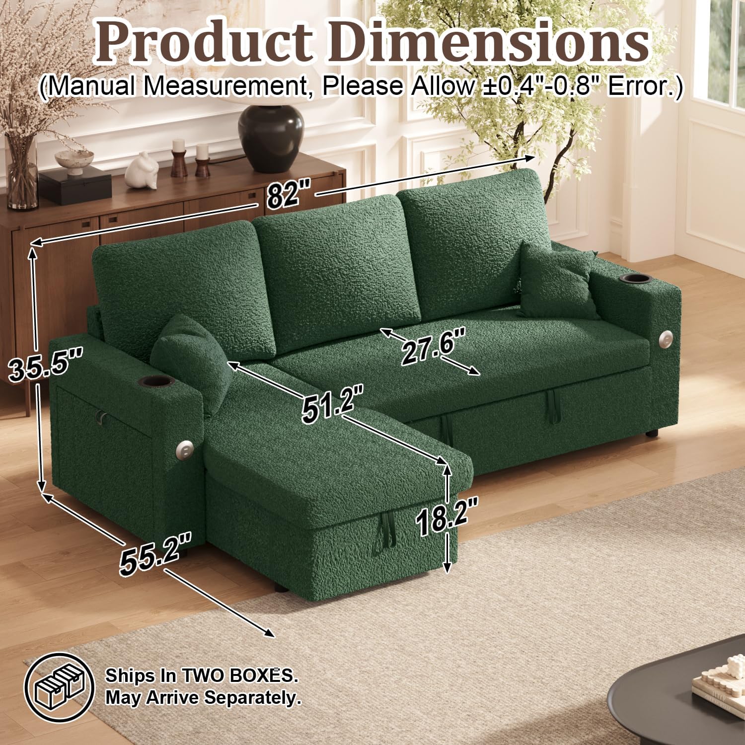 KCGKCG Sleeper Sofa Bed, 4-in-1 Pull Out Couch with Reversible Chaise | Dual USB & Type-C Charging | Dual Cup Holders | Layered Storage (Armrest + Chaise) for Living Room (Classic Green)
