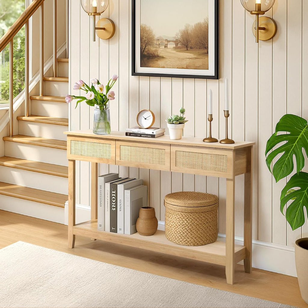 Karl home Console Table, Rattan Entryway Table with Storage Narrow Long, w/3 Drawers & Storage Shelf, Sofa Table Foyer Hallway Behind Couch Table for Living Room, Natural Wood