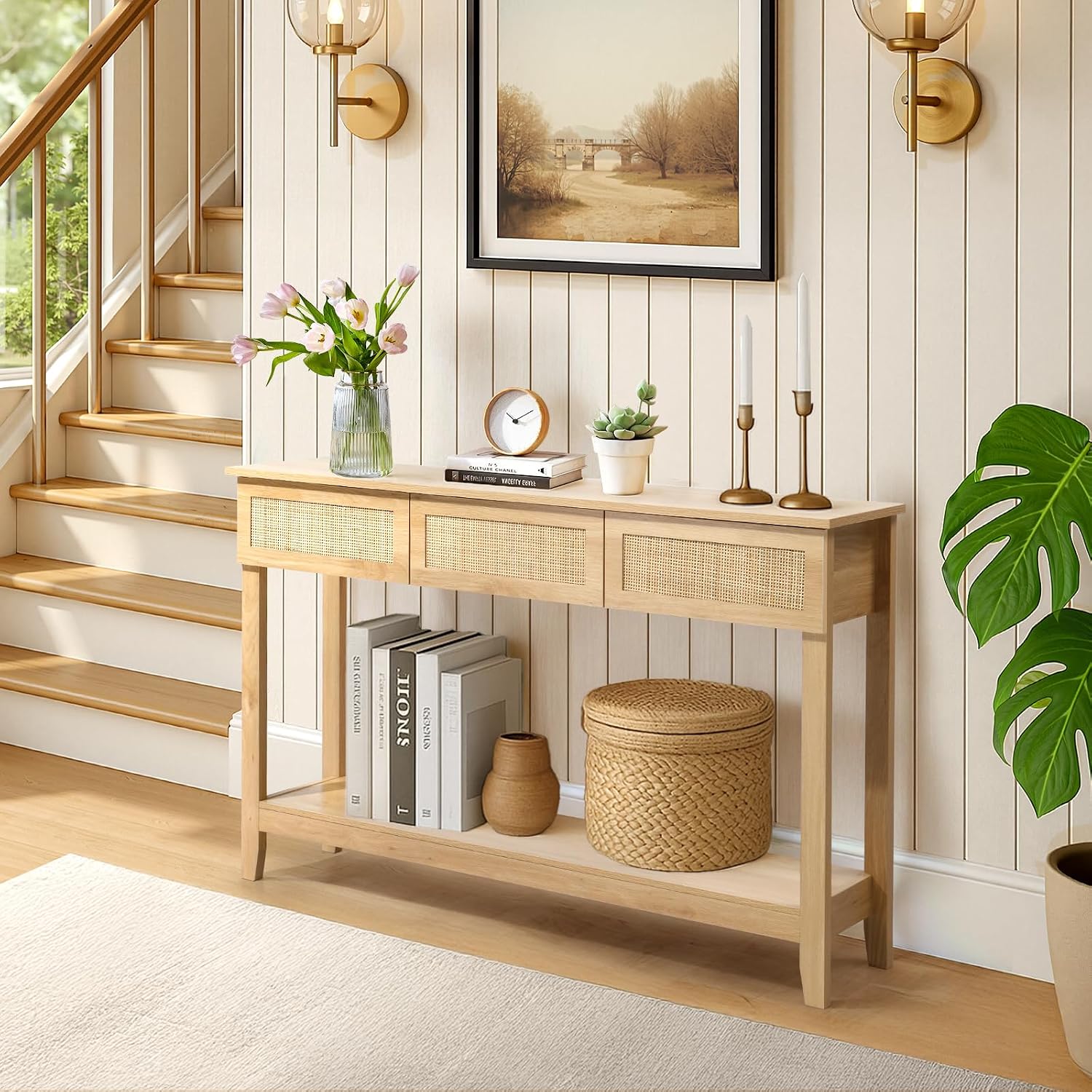 Karl home Console Table, Rattan Entryway Table with Storage Narrow Long, w/3 Drawers & Storage Shelf, Sofa Table Foyer Hallway Behind Couch Table for Living Room, Natural Wood