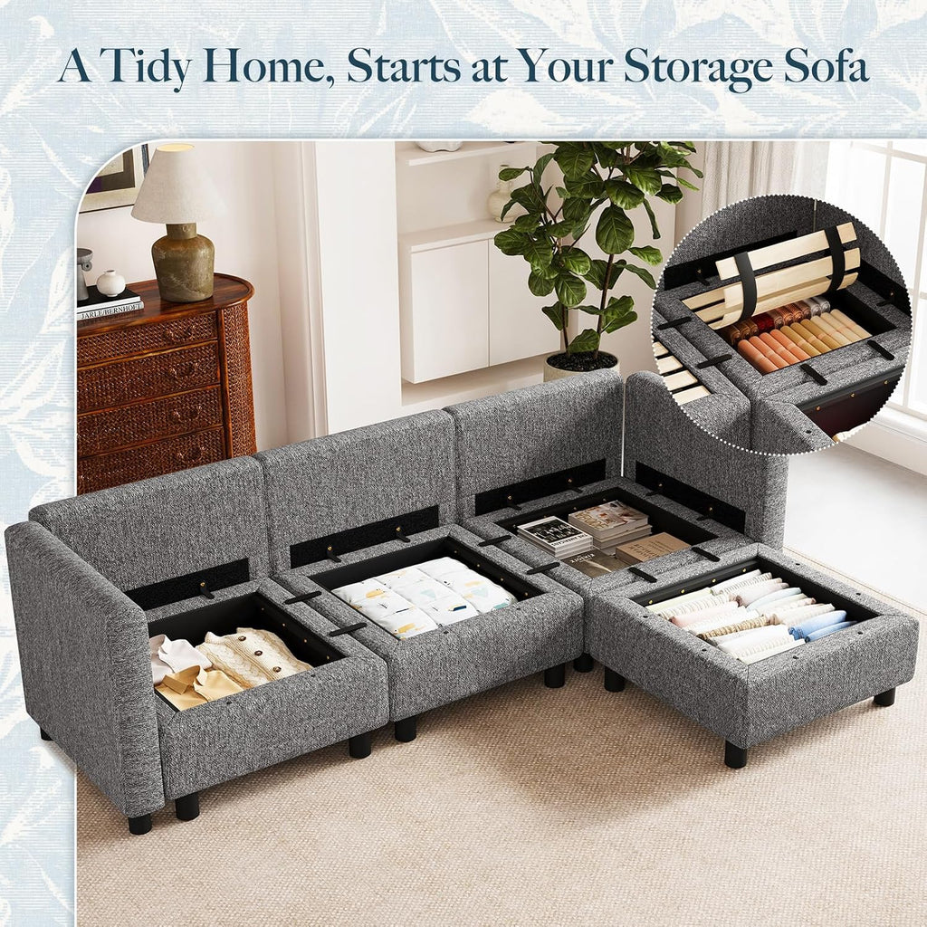 Belffin 84.3' 4 Seats L Shaped Couch Modular Sectional Sofa Washable Sectional Couches for Living Room Comfy Couches with Storage Seat Couch Sofas with Chaise,Grey