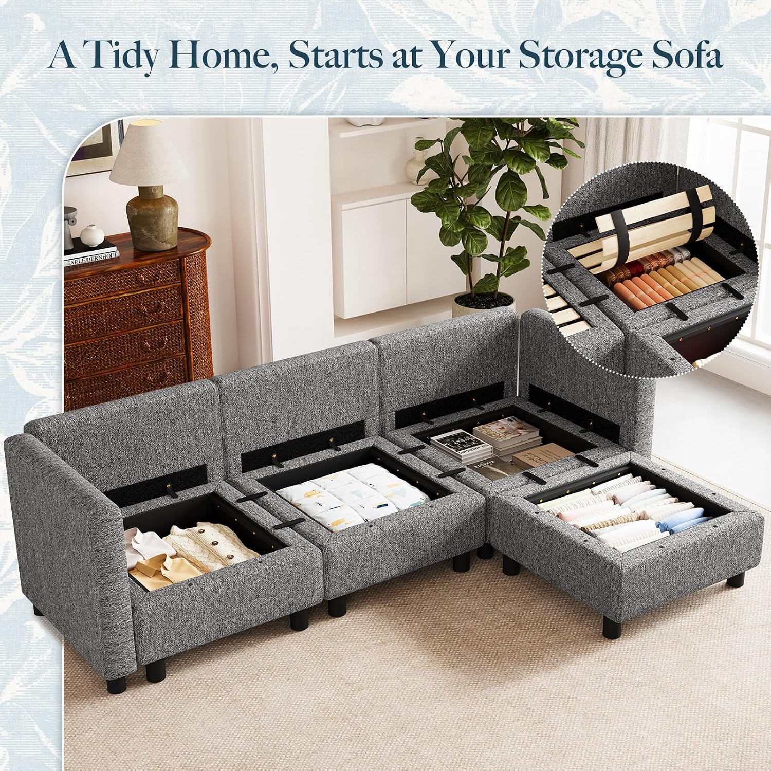 Belffin 84.3' 4 Seats L Shaped Couch Modular Sectional Sofa Washable Sectional Couches for Living Room Comfy Couches with Storage Seat Couch Sofas with Chaise,Grey