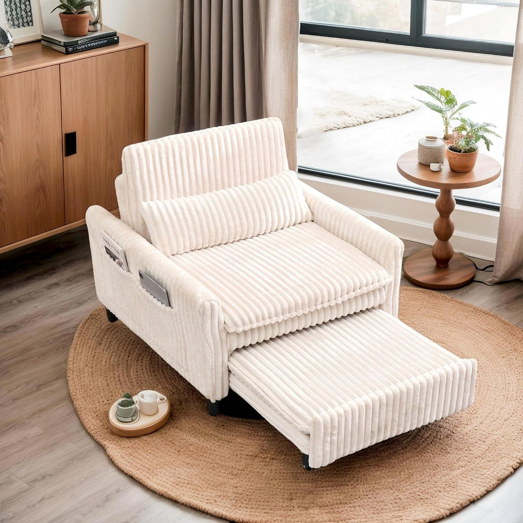 Majnesvon Modern Corduroy Fabric Sofa Bed Futon,3 in 1 Convertible Pullout Sleeper Couches with 3 Reclining Backrests,Small Sofa Chair Bed for Living Room Bedroom (White)