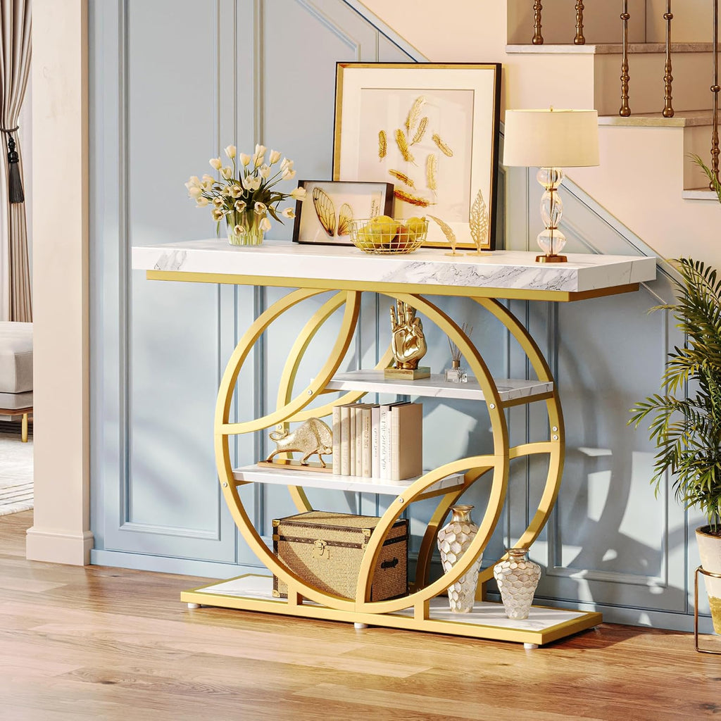 Huuger 41.3 Inch Entryway Table with Marble Top, Modern Console Sofa Table, Accent Table with Shelves, for Entry, Hallway, Entrance, Foyer, O-Shaped Metal Frame, White Marble & Gold