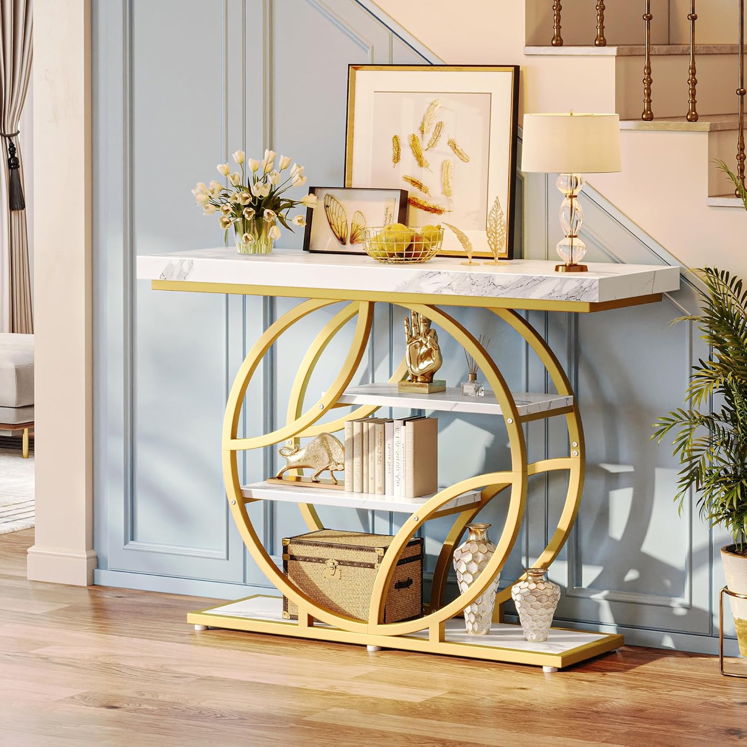 Huuger 41.3 Inch Entryway Table with Marble Top, Modern Console Sofa Table, Accent Table with Shelves, for Entry, Hallway, Entrance, Foyer, O-Shaped Metal Frame, White Marble & Gold