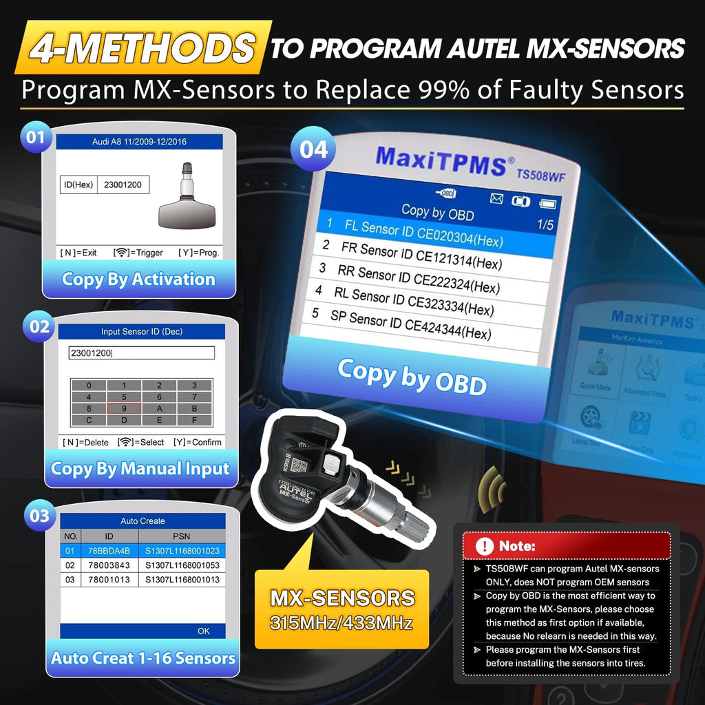 Autel MaxiTPMS TS508WF TPMS Programming Tool Kit, 2026 WiFi Tire Sensor Relearn Activation Tool, Up of TS508 TS601 TS501 PRO, Clear TPMS DTCs, 4PCS 315+433MHz MX Sensors ($120), Lifetime Free Updates