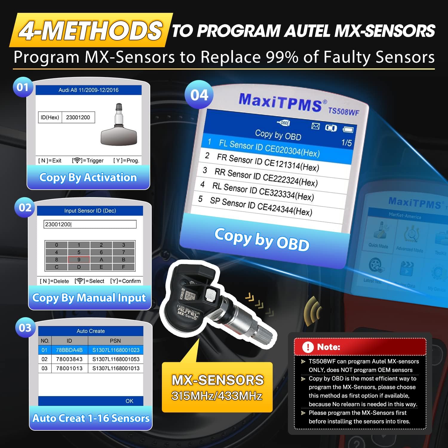 Autel MaxiTPMS TS508WF TPMS Programming Tool Kit, 2026 WiFi Tire Sensor Relearn Activation Tool, Up of TS508 TS601 TS501 PRO, Clear TPMS DTCs, 4PCS 315+433MHz MX Sensors ($120), Lifetime Free Updates
