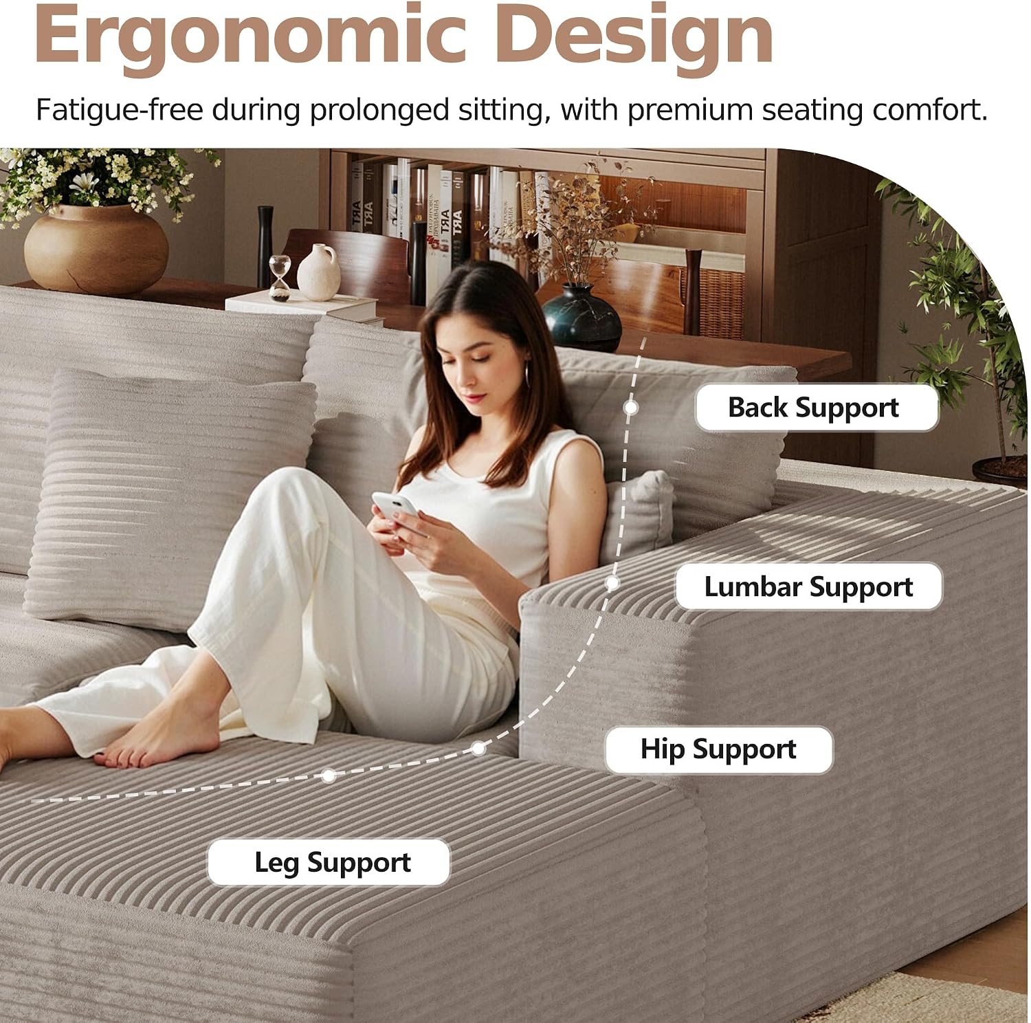 CHORRO108''Sectional Boneless Cloud Sofa,Modern Modular L-Shape Couch for Living Room,Corduroy Convertible Sponge Sleeper Sofas,Upholstered Lougne Chaise Couchs-with Soft Pillow(Camel,Right Chaise)