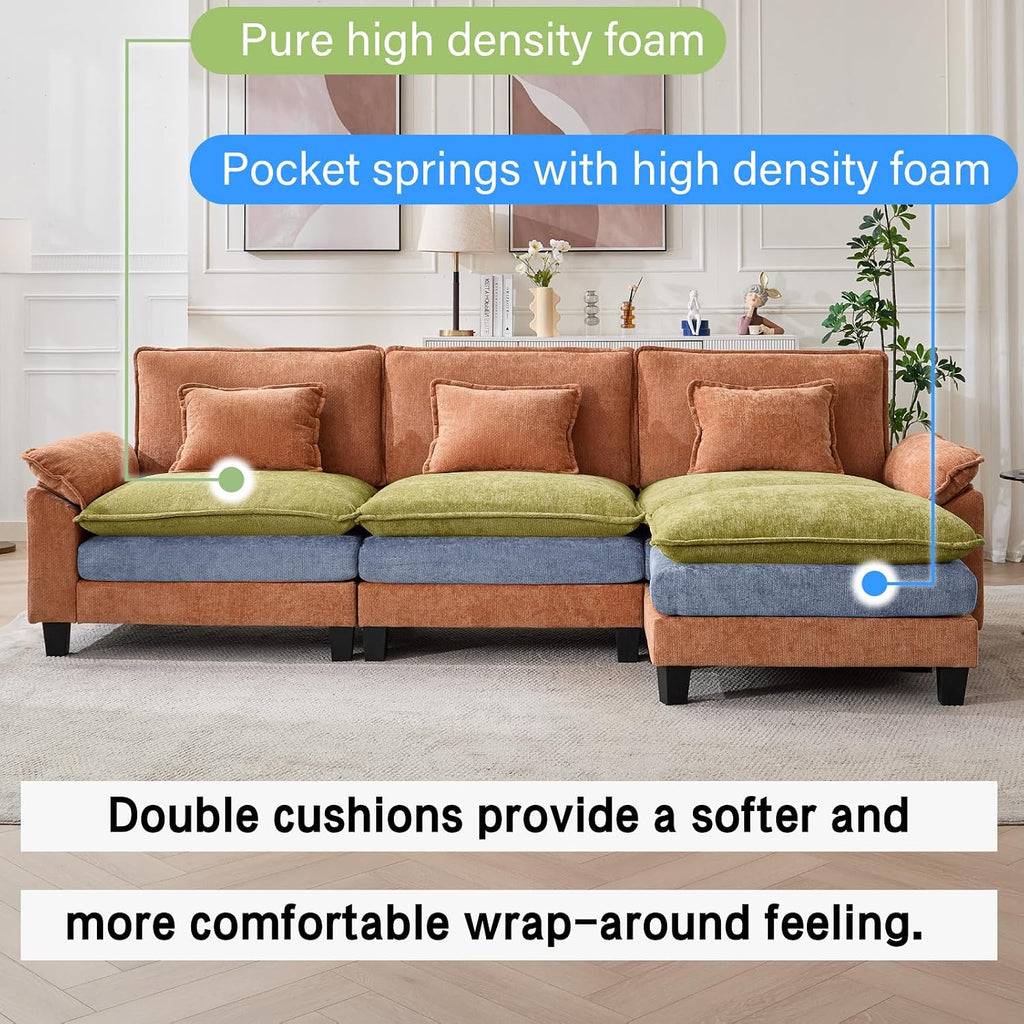 Oprisen 120' Modular Sectional Sofa, Comfy Cloud Couch Sectional Sofa with Ottoman, Chenille Sofa Sleeper Deep Seat Sofa with Throw Pillows for Living Room (Orange, 120'- L Shape)