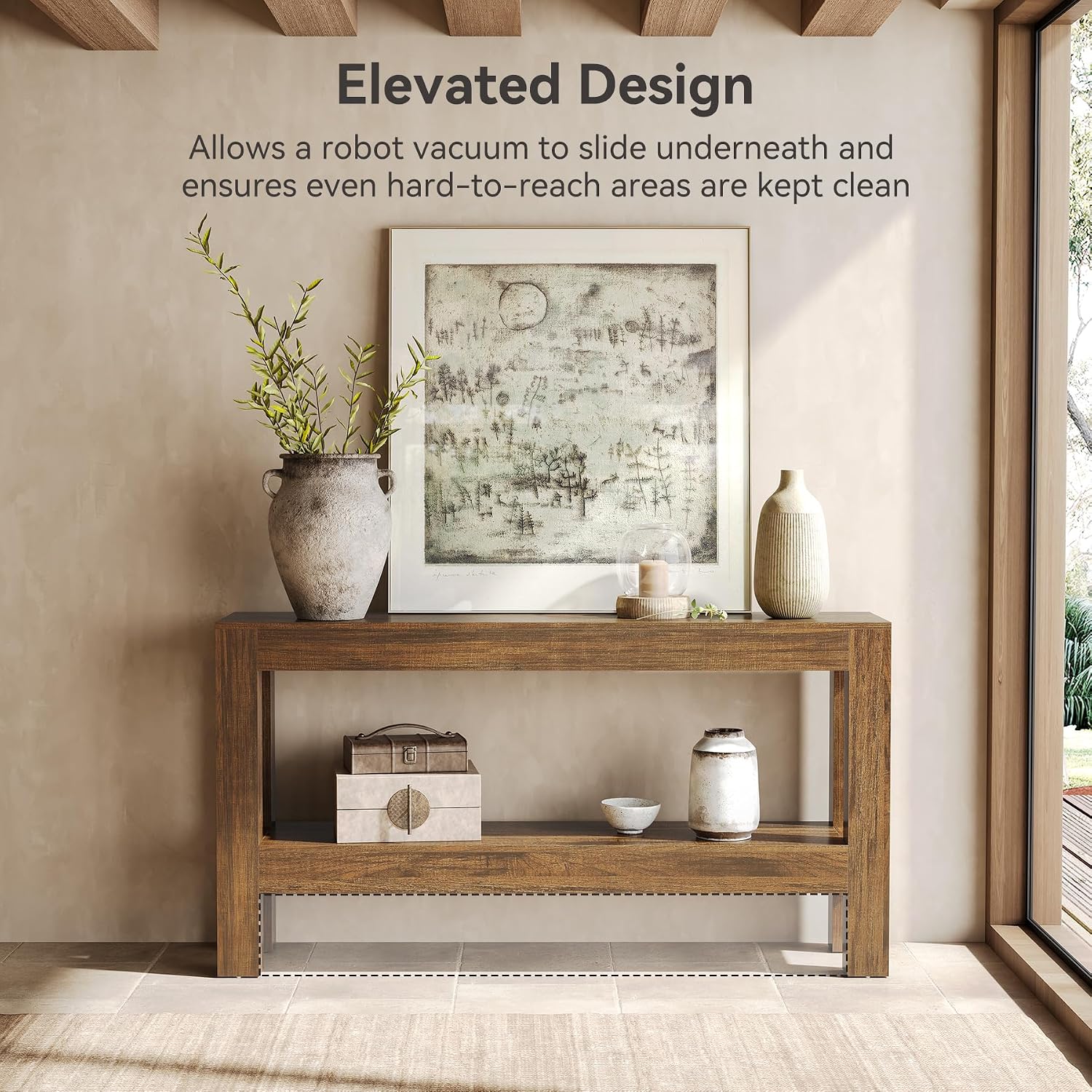 LITTLE TREE 63-Inch Wood Entryway Table, Long Farmhouse Narrow Console Table for Living Room, Hallway, Sofa, Entry, Entrance, Foyer, Behind Couch with 2-Tier Shelves, Brown