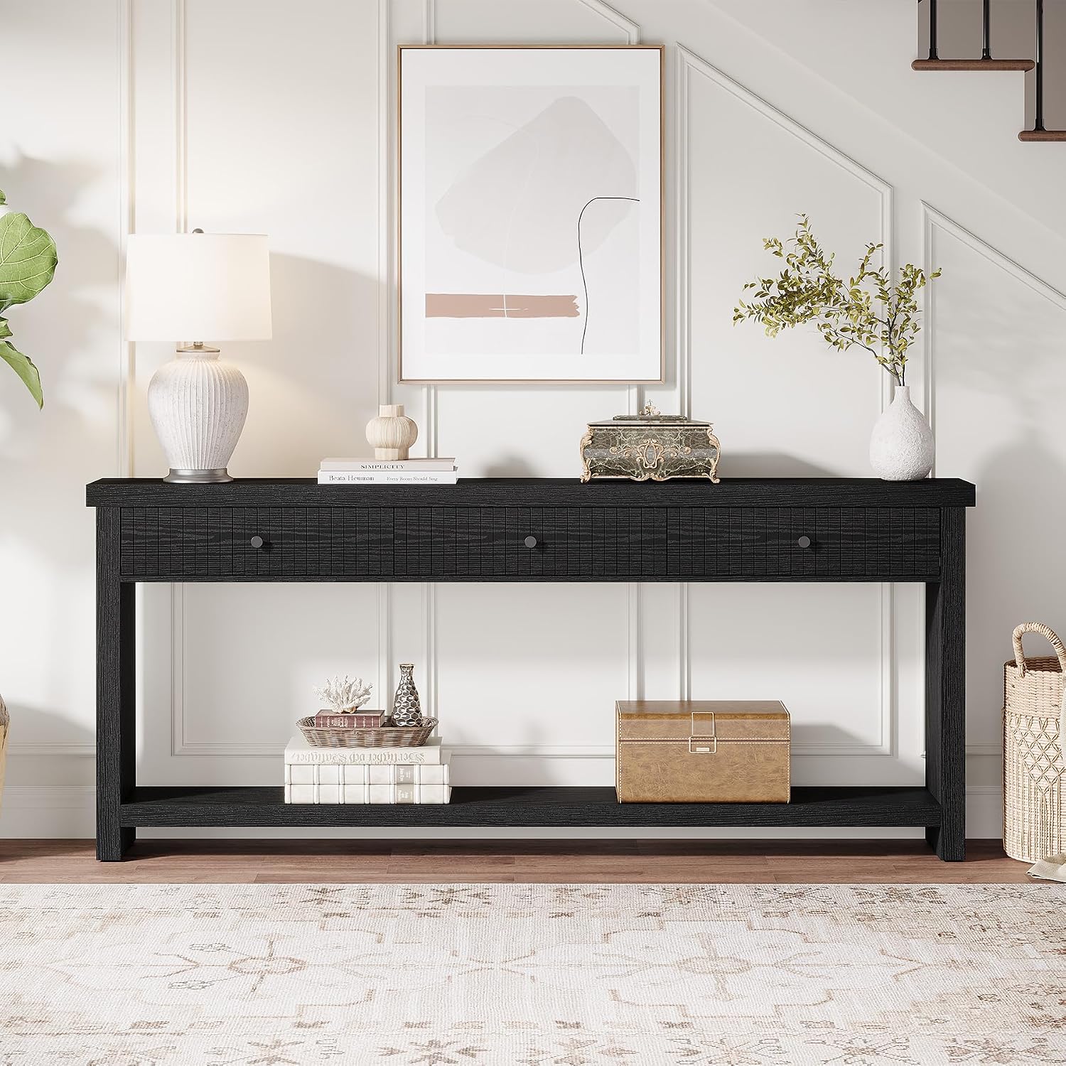 Tribesigns 70.9 inch Sofa Console Table with 3 Drawers, Extra Long Entryway Table with Open Storage Shelves Wooden Couch Table Foyer Tables Furniture for Living Room Hallway Entrance, Black