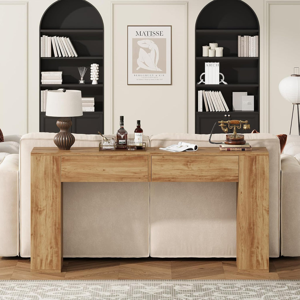 Farmhouse Console Table with LED Light and 2 Drawers, 55 inch Long Sofa Table Behind Couch, Narrow Entry Table for Entryway, Hallway, Entrance, Living Room (Light Brown)