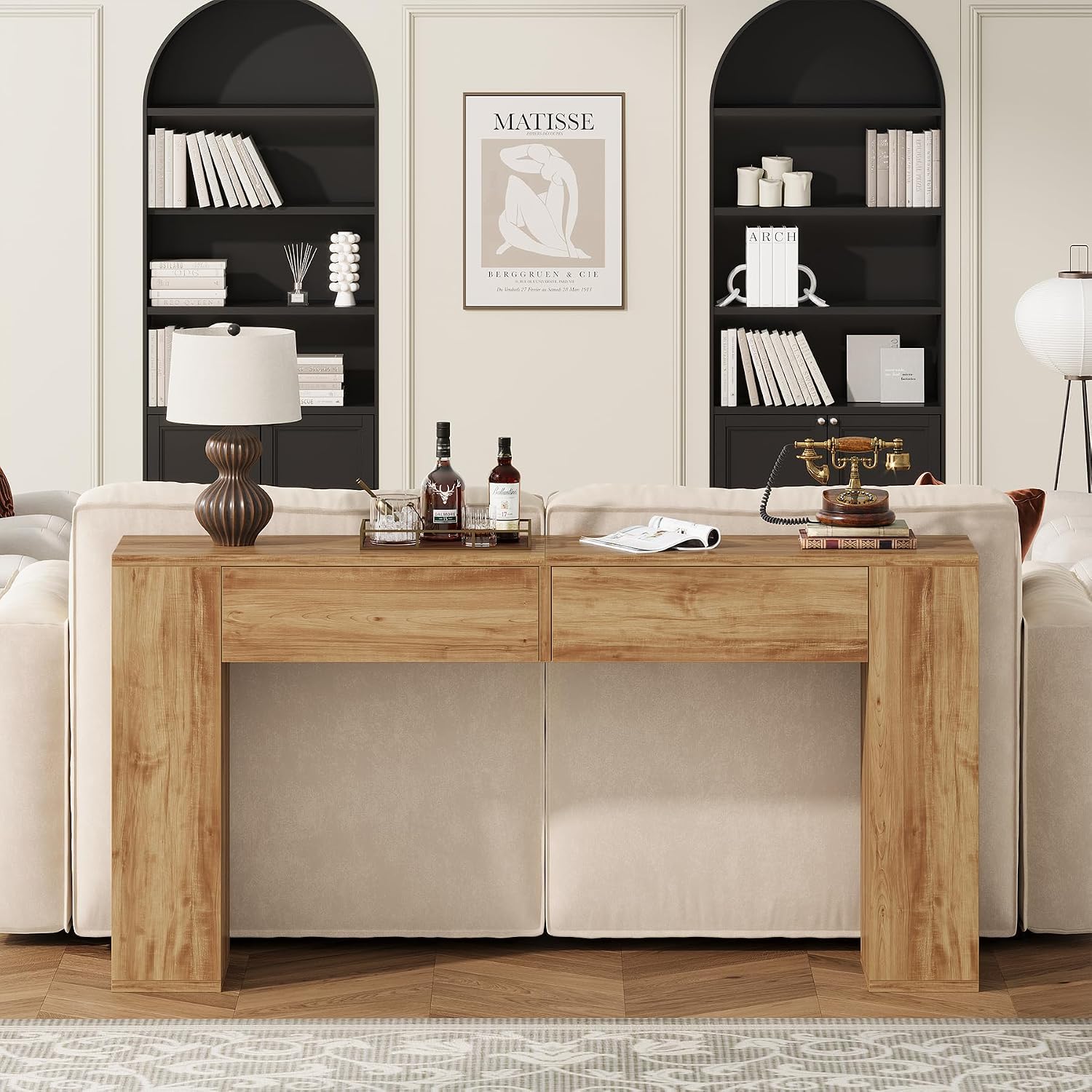 Farmhouse Console Table with LED Light and 2 Drawers, 55 inch Long Sofa Table Behind Couch, Narrow Entry Table for Entryway, Hallway, Entrance, Living Room (Light Brown)