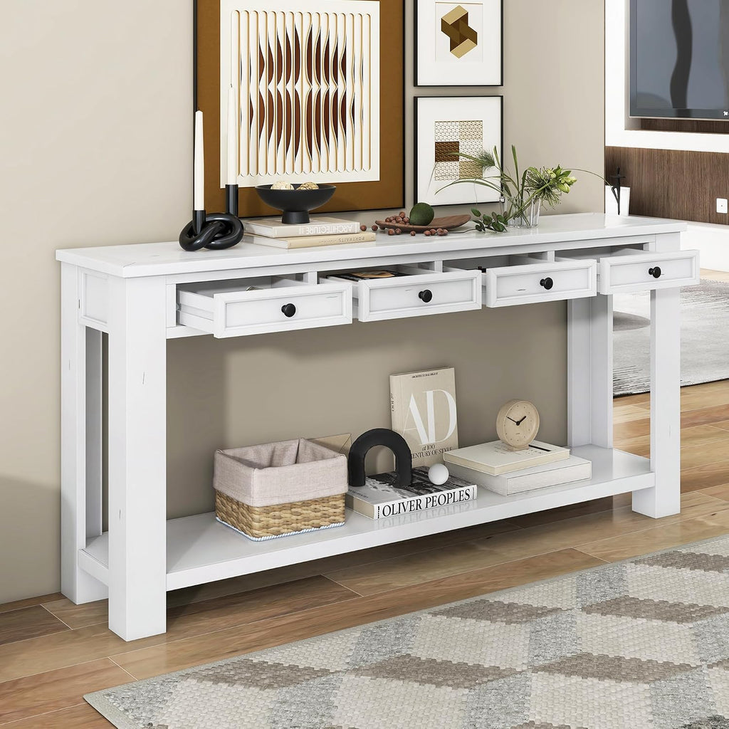 LKTART White Console Table,Solid Wood Sofa Table with 4 Drawers Hallway Table for Storage Entry Foyer Behind Couch Table,Easy Assembled (63' White)